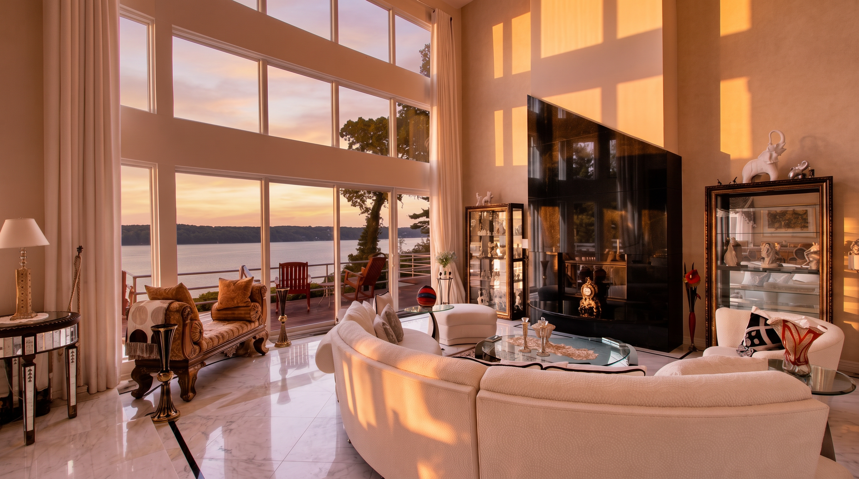 This spacious, high-ceilinged living room features floor-to-ceiling windows offering expansive, unobstructed views of a peaceful lake. The luxurious design includes marble flooring, a contemporary curved white sofa, and a striking black modern fireplace, creating an elegant and airy waterfront living space.