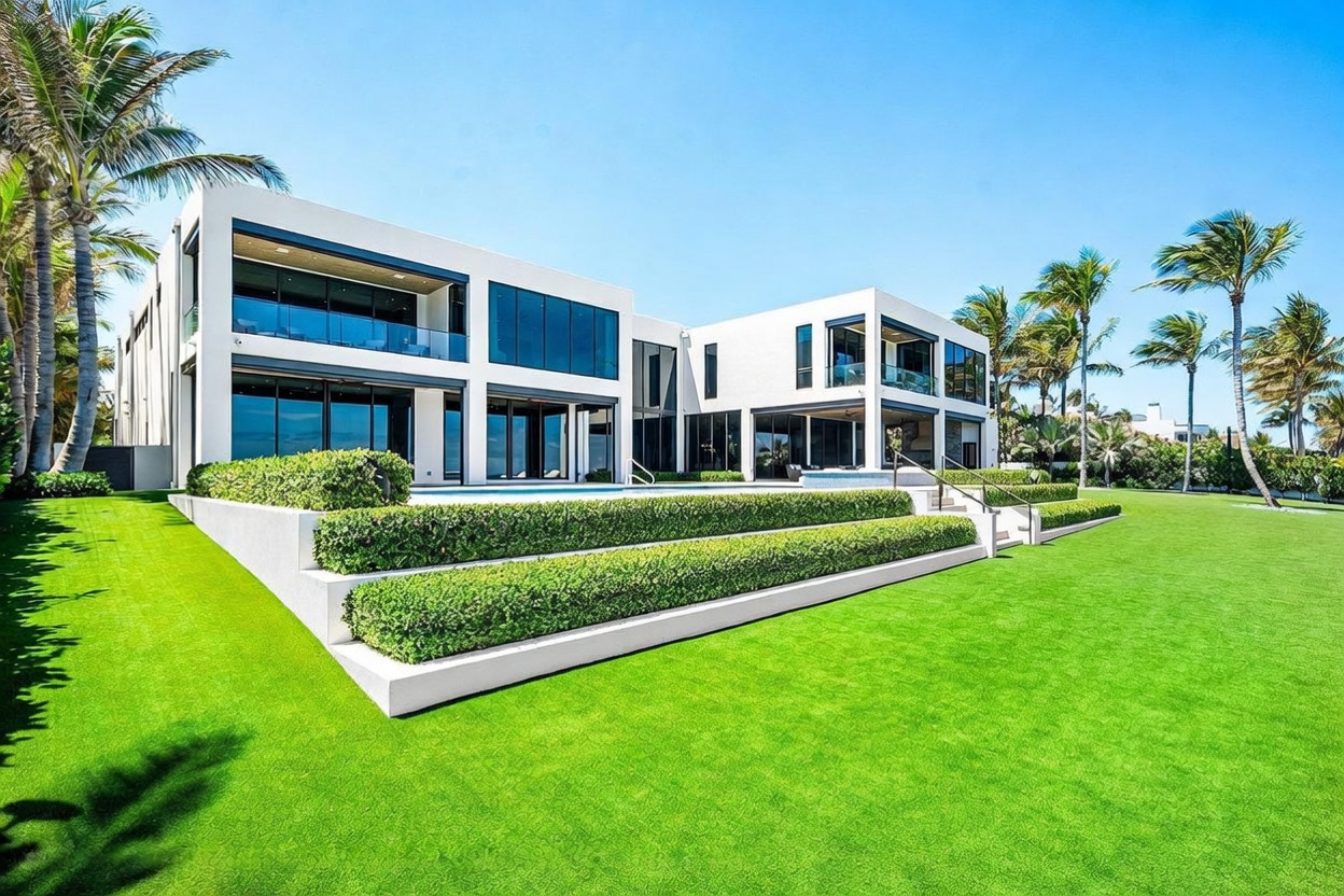 This modern luxury estate features a striking contemporary design with clean white lines, expansive glass walls, and multiple levels of outdoor living space. The property includes a tiered garden with manicured hedges leading up to a large swimming pool area, all set against a backdrop of lush palm trees and a clear blue sky. The perspective captures the grand scale of the residence, emphasizing its seamless integration with the meticulously landscaped grounds.