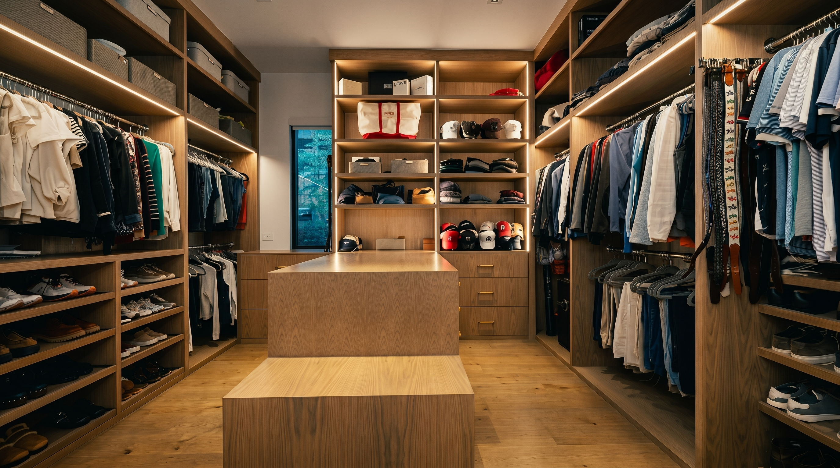 This spacious, modern walk-in closet features extensive light wood cabinetry with integrated LED lighting throughout the shelving and hanging sections. A central island provides additional storage and surface space, while a narrow window at the back allows natural light to filter into the room. The organized layout includes dedicated areas for clothing, shoes, and accessories, creating a clean and luxurious aesthetic.