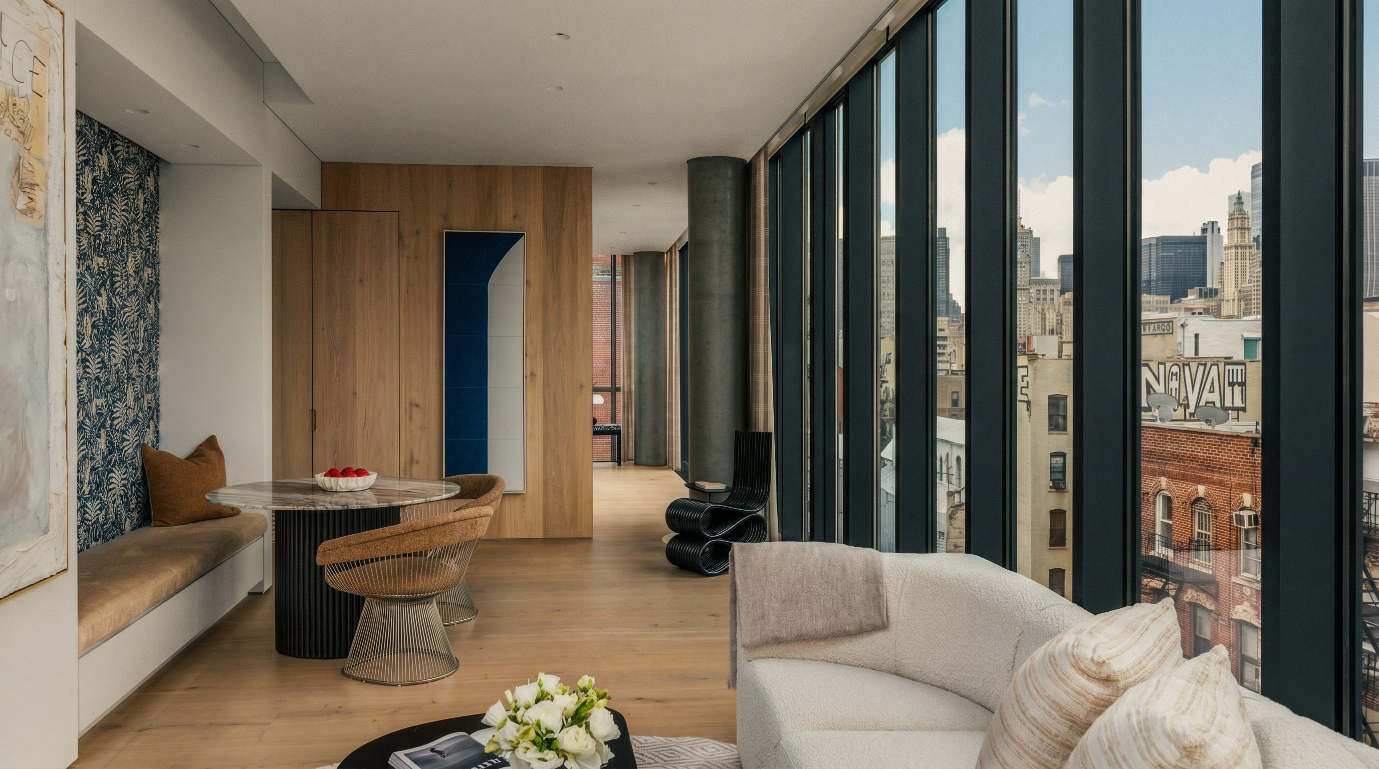 This bright, contemporary living space features a seamless blend of a dining area and a lounge, characterized by light wood flooring and a neutral color palette. A long built-in bench with patterned wallpaper serves as a dining nook, while a curved sofa and sculptural chair define the seating area. Large floor-to-ceiling windows provide an expansive view of the city skyline, flooding the room with natural light.
