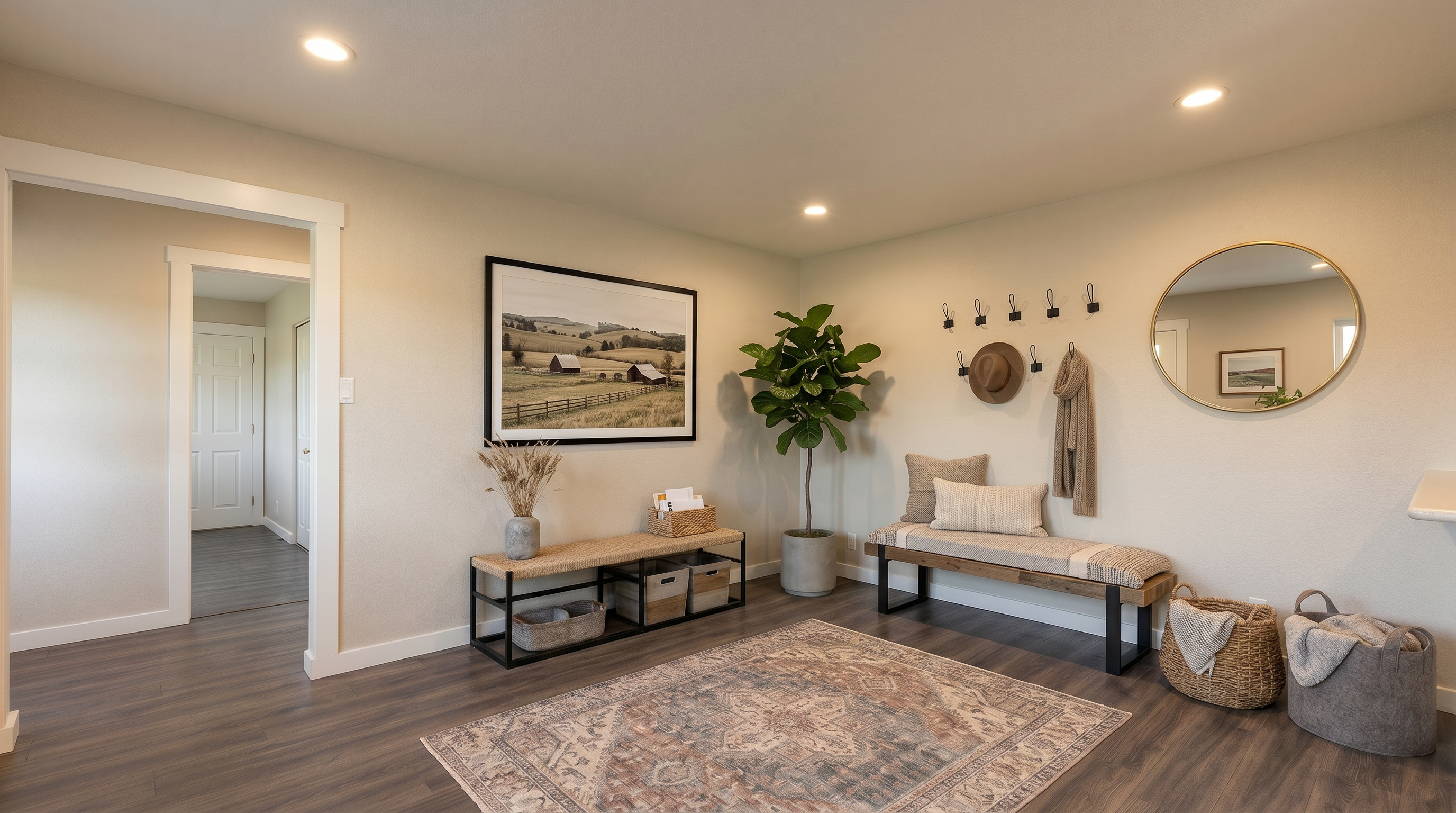 This bright and minimalist living area features dark wood-look flooring and crisp white walls, creating a clean, neutral canvas for potential buyers. The space is illuminated by recessed lighting and includes a wide entryway leading to a secondary room, emphasizing an open and airy floor plan. The perspective is captured from a corner angle, showcasing the seamless transition between the main living area and the adjacent hallway.