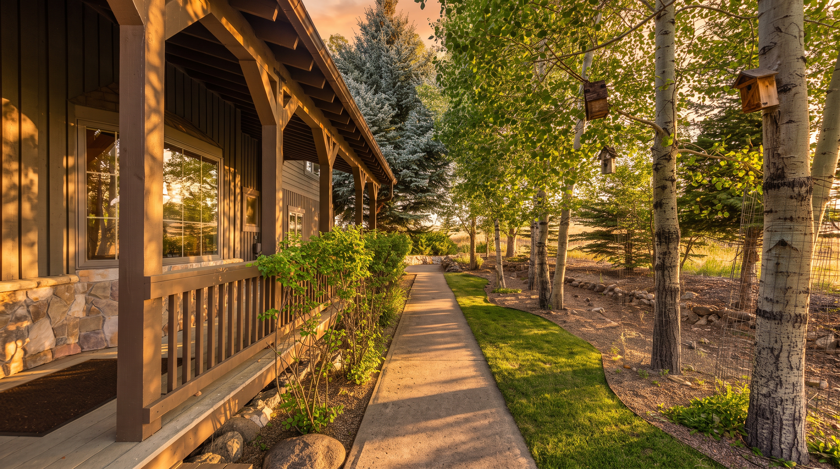 This image showcases the side exterior of a rustic-style home, featuring a covered porch with wooden support beams and stone veneer detailing along the foundation. A concrete walkway leads alongside the house, passing through a landscaped yard bordered by mature trees equipped with small birdhouses. The scene provides a sense of quiet, natural beauty and well-maintained outdoor space.
