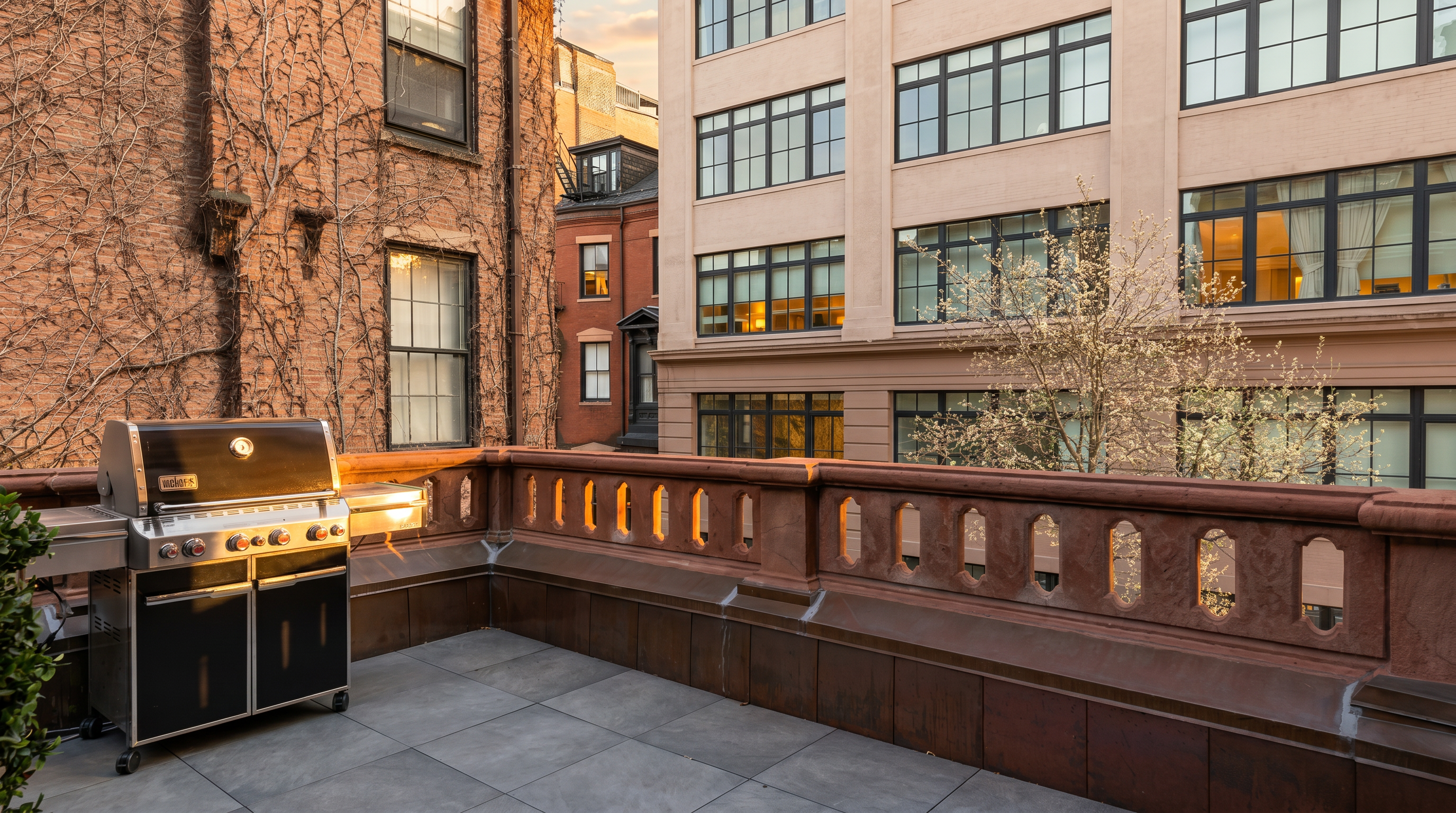 This elevated outdoor terrace features large, neutral-toned stone pavers and a classic stone balustrade railing. A stainless steel grill is positioned on the left, providing a functional space for outdoor cooking. The perspective looks out toward neighboring urban buildings, including a historic brick structure covered in climbing vines and a larger, multi-story building with grid-patterned windows.