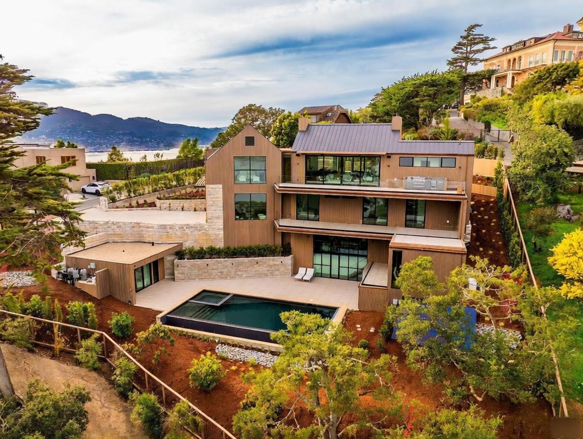 This aerial perspective captures a modern, multi-level luxury residence nestled on a hillside with expansive views of the bay. The home features a contemporary design with vertical wood siding, stone accents, and multiple levels of balconies, complemented by a sleek rectangular swimming pool on the lower terrace. The property is surrounded by mature trees and landscaped grounds, creating a private and sophisticated retreat.