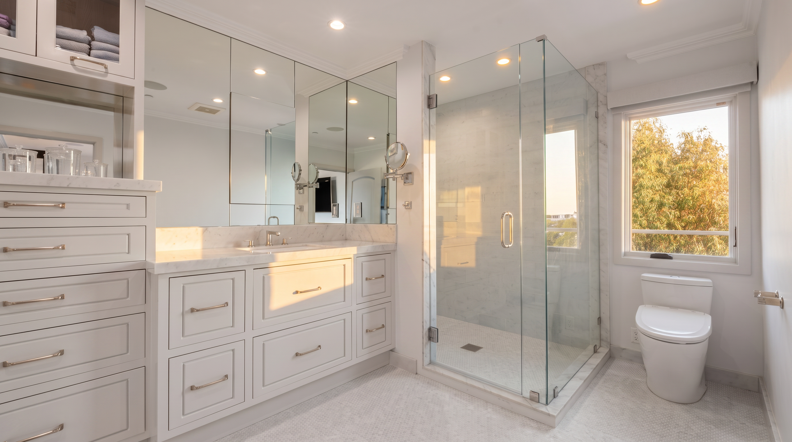 This bright and airy primary bathroom features a double vanity with light-colored cabinetry and a stone countertop, complemented by a large wall-to-wall mirror. To the right, a glass-enclosed walk-in shower with a pebble-style floor tile adds a spa-like touch, while a nearby window provides natural light and a view of the outdoors. The space is finished with a clean, neutral color palette and a white toilet, creating a polished and cohesive aesthetic.