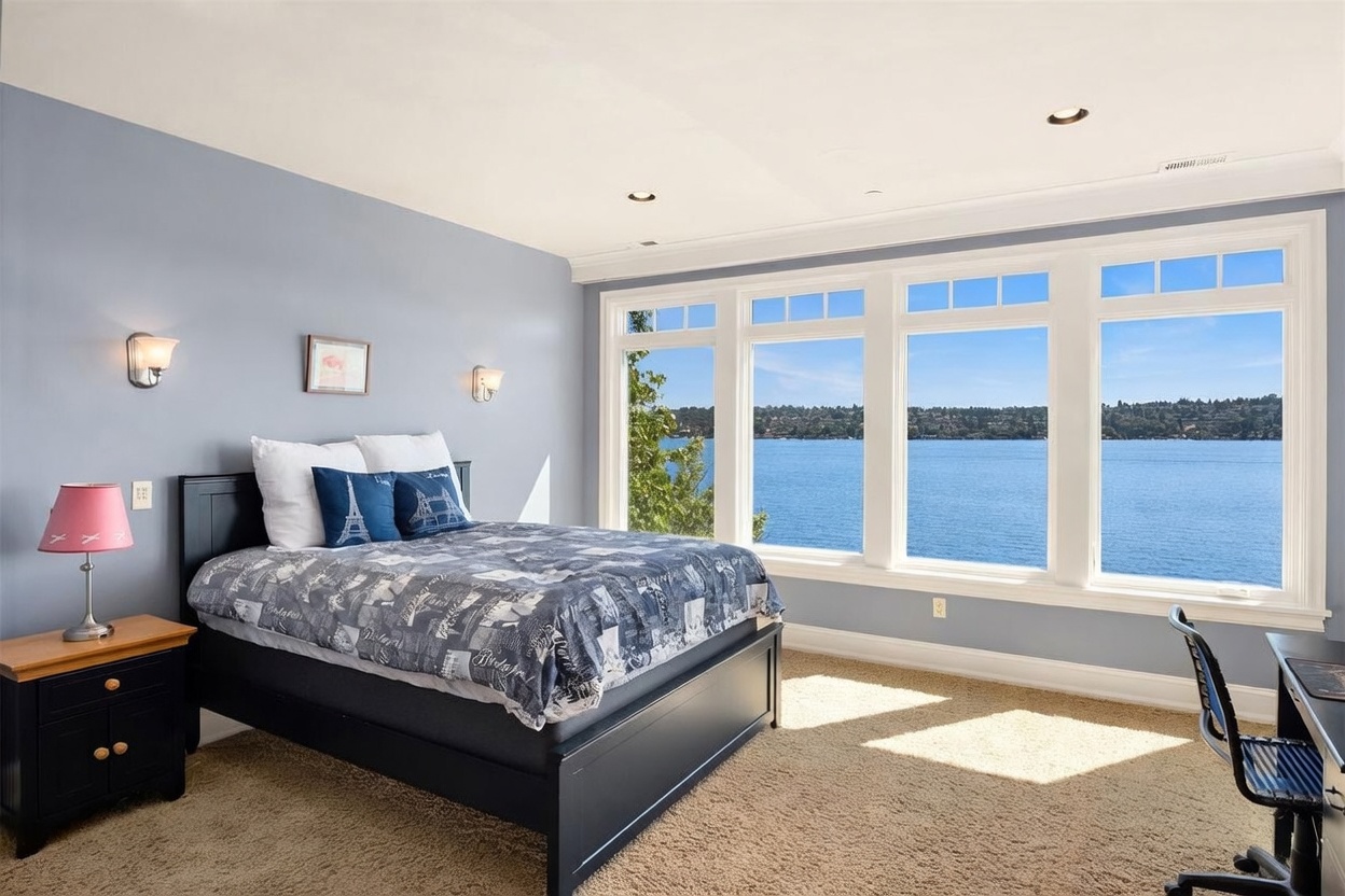 This bright and airy bedroom features a dark wood bed frame with a patterned quilt and a bedside table with a pink lamp. A large wall of windows provides a stunning, unobstructed panoramic view of the lake, filling the room with natural light. The space is finished with neutral carpeting and soft blue walls, creating a serene and inviting atmosphere.
