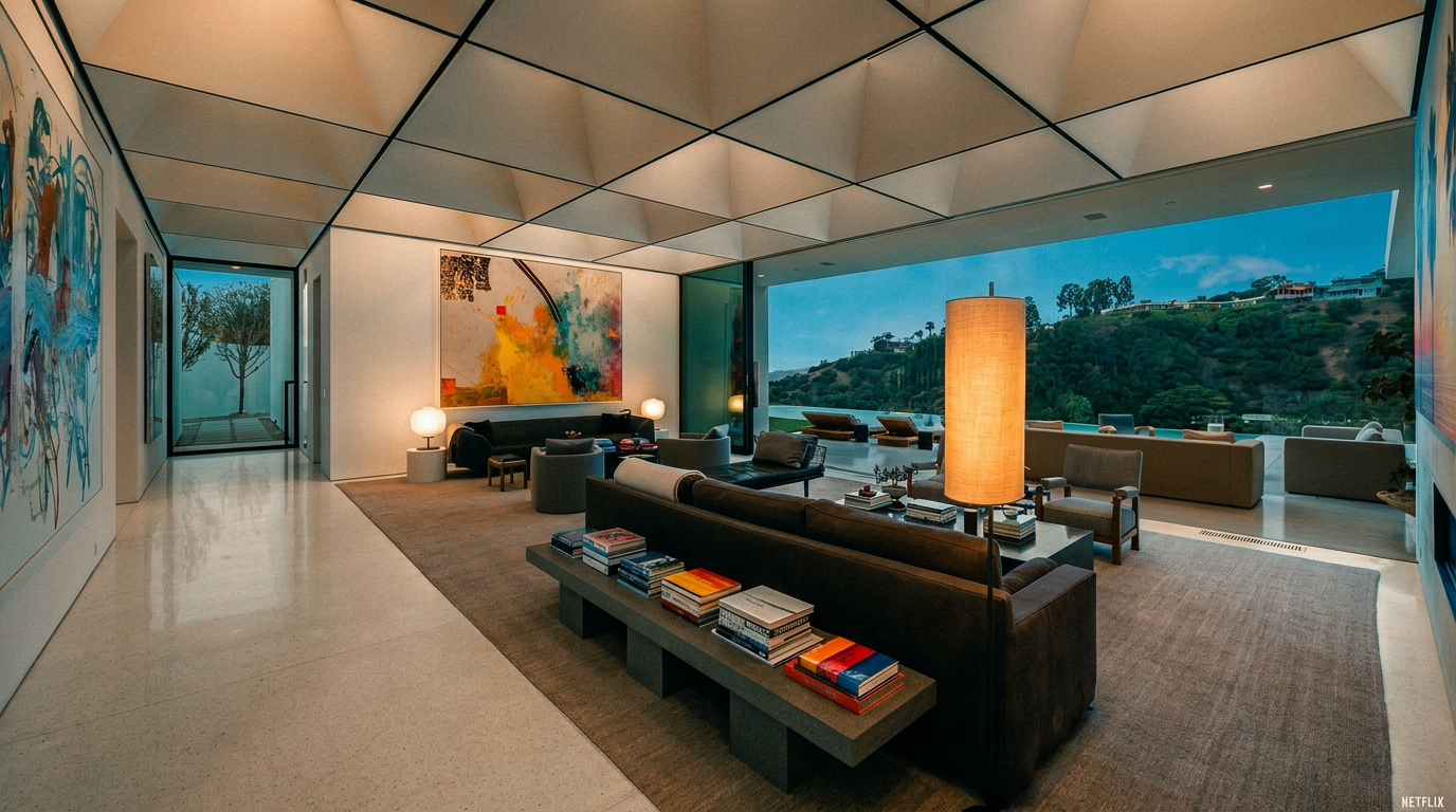 This expansive, ultra-modern living room features a dramatic coffered ceiling and floor-to-ceiling glass walls that seamlessly blend the indoor space with the outdoor pool area. The room is furnished with plush, low-profile seating, a long console table stacked with art books, and vibrant abstract artwork, creating a sophisticated gallery-like atmosphere. The perspective is a wide-angle shot from the interior looking out, emphasizing the open-concept design and the scenic hillside views.