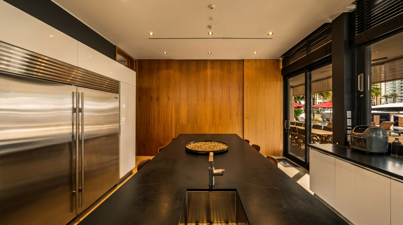 This modern kitchen features a large central island with a dark countertop and an integrated stainless steel sink, serving as the focal point of the room. To the left, a massive stainless steel refrigerator is flanked by sleek white cabinetry, while the back wall is finished with warm-toned wood paneling. Large glass sliding doors to the right provide a seamless transition to an outdoor patio area, filling the space with natural light.
