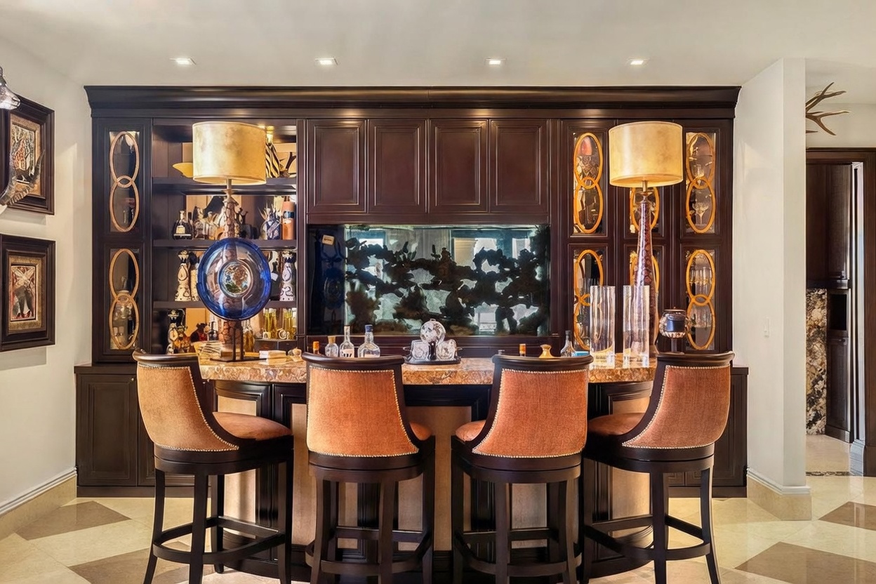 This image showcases a sophisticated home bar area featuring dark wood cabinetry, a granite countertop, and four upholstered bar stools. The centerpiece is a large, illuminated aquarium built into the back wall, flanked by decorative glass-fronted cabinets and elegant table lamps. The overall aesthetic is opulent and refined, creating a luxurious atmosphere perfect for entertaining.