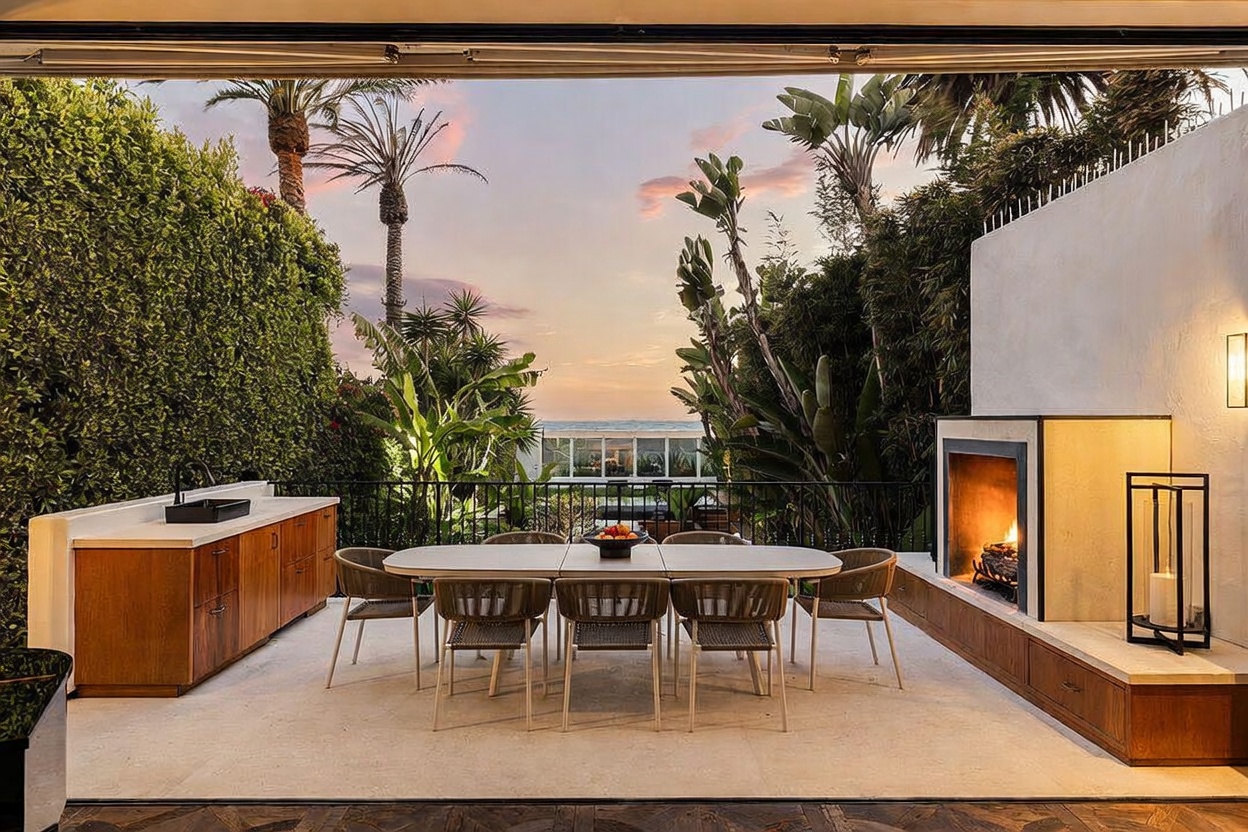 This luxurious outdoor patio features a dining area centered around a long table with woven chairs, positioned under an open-air structure. To the left, a built-in outdoor kitchen with a dark sink and wood-toned cabinetry provides convenience, while a modern fireplace with a tall surround creates a cozy focal point on the right. The space opens up to a scenic view of the ocean and lush greenery, offering a sophisticated setting for al fresco dining.