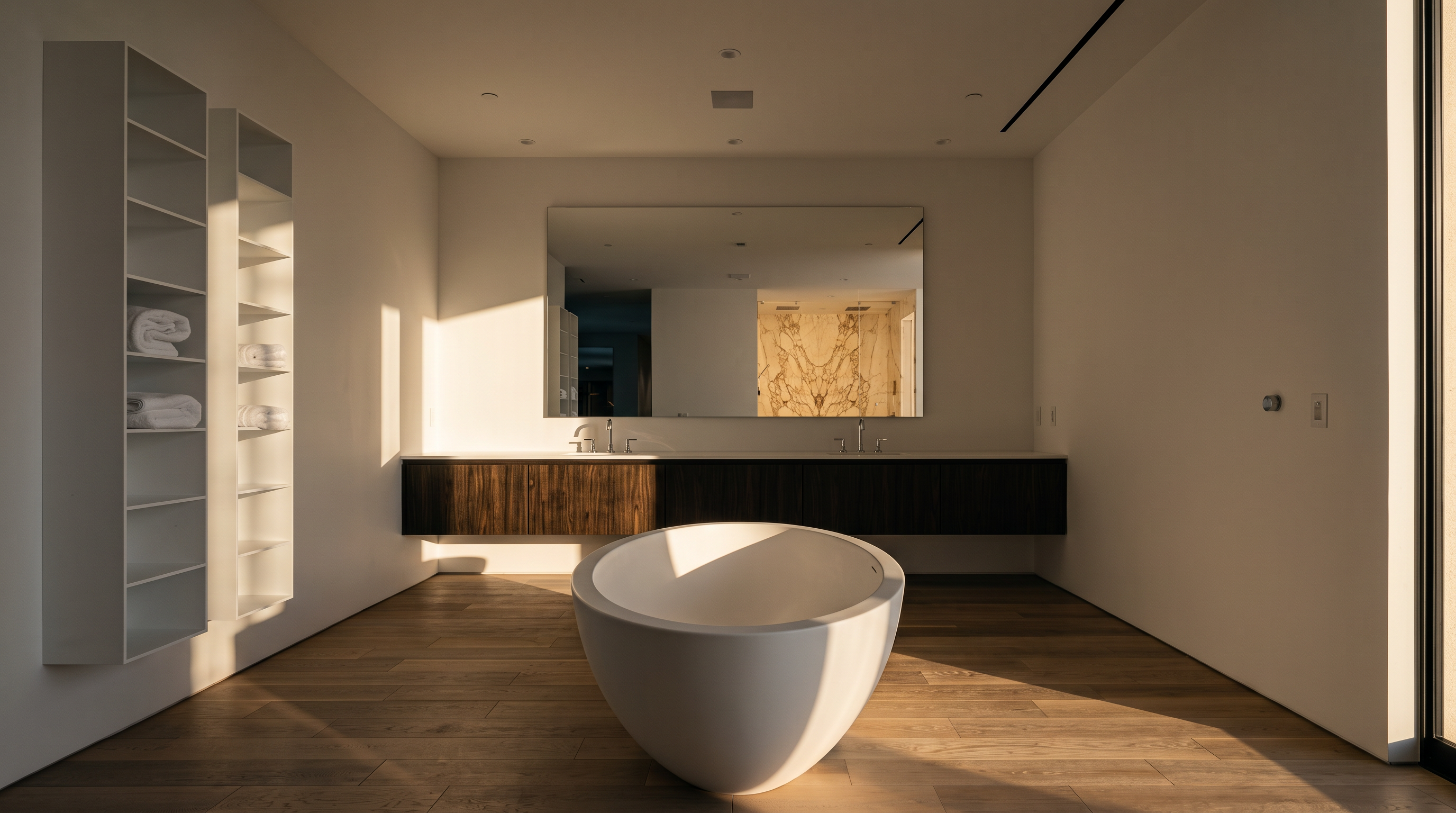 This minimalist primary bathroom features a striking, egg-shaped freestanding soaking tub centered in the room on light wood flooring. A long, dark wood floating vanity with dual sinks is mounted against the back wall beneath a large, rectangular mirror. The space is defined by clean white walls, open shelving units for storage, and recessed lighting, creating a serene and contemporary atmosphere.
