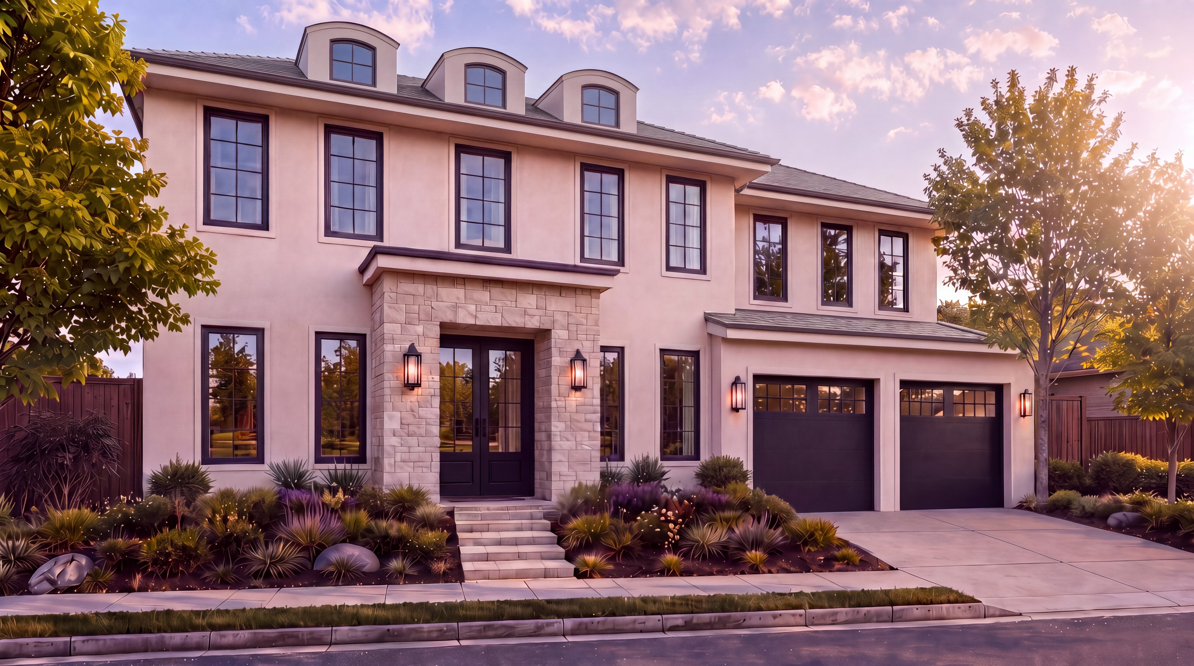 This elegant two-story contemporary home features a sophisticated exterior blend of light stucco and natural stone accents around the grand entryway. The property includes a spacious two-car garage, large symmetrical windows with dark trim, and a professionally landscaped front garden. Warm, integrated lighting highlights the architectural details, creating a welcoming and upscale curb appeal at dusk.