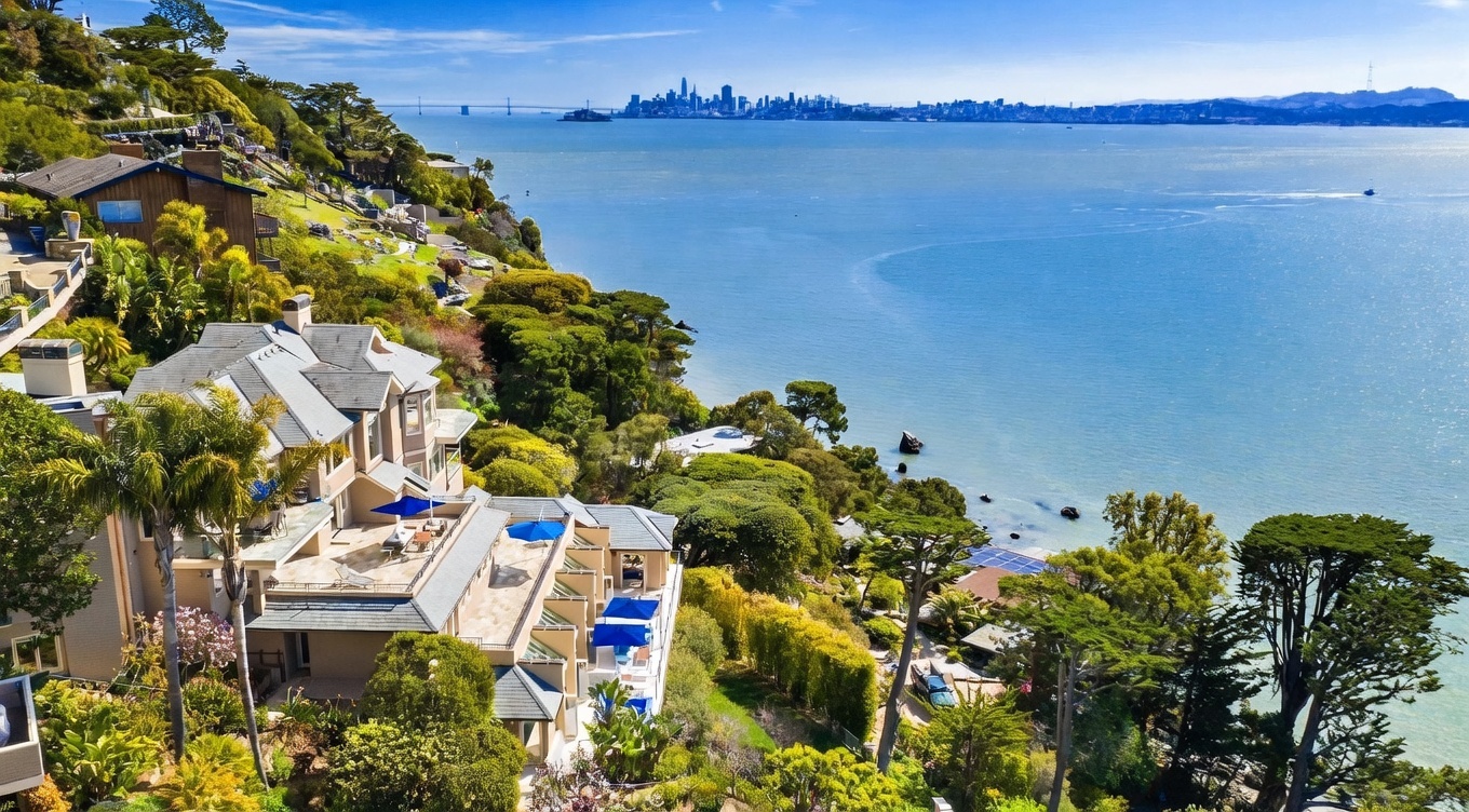 This high-angle aerial perspective captures a sprawling, multi-level luxury residence perched on a lush, tree-covered hillside overlooking a vast bay. The home features expansive stone-paved terraces with blue umbrellas, multiple levels of living space, and a shingled roof, all oriented toward a panoramic view of the distant city skyline across the water. The surrounding landscape is densely wooded, creating a private, serene atmosphere that emphasizes the property's prime waterfront location.