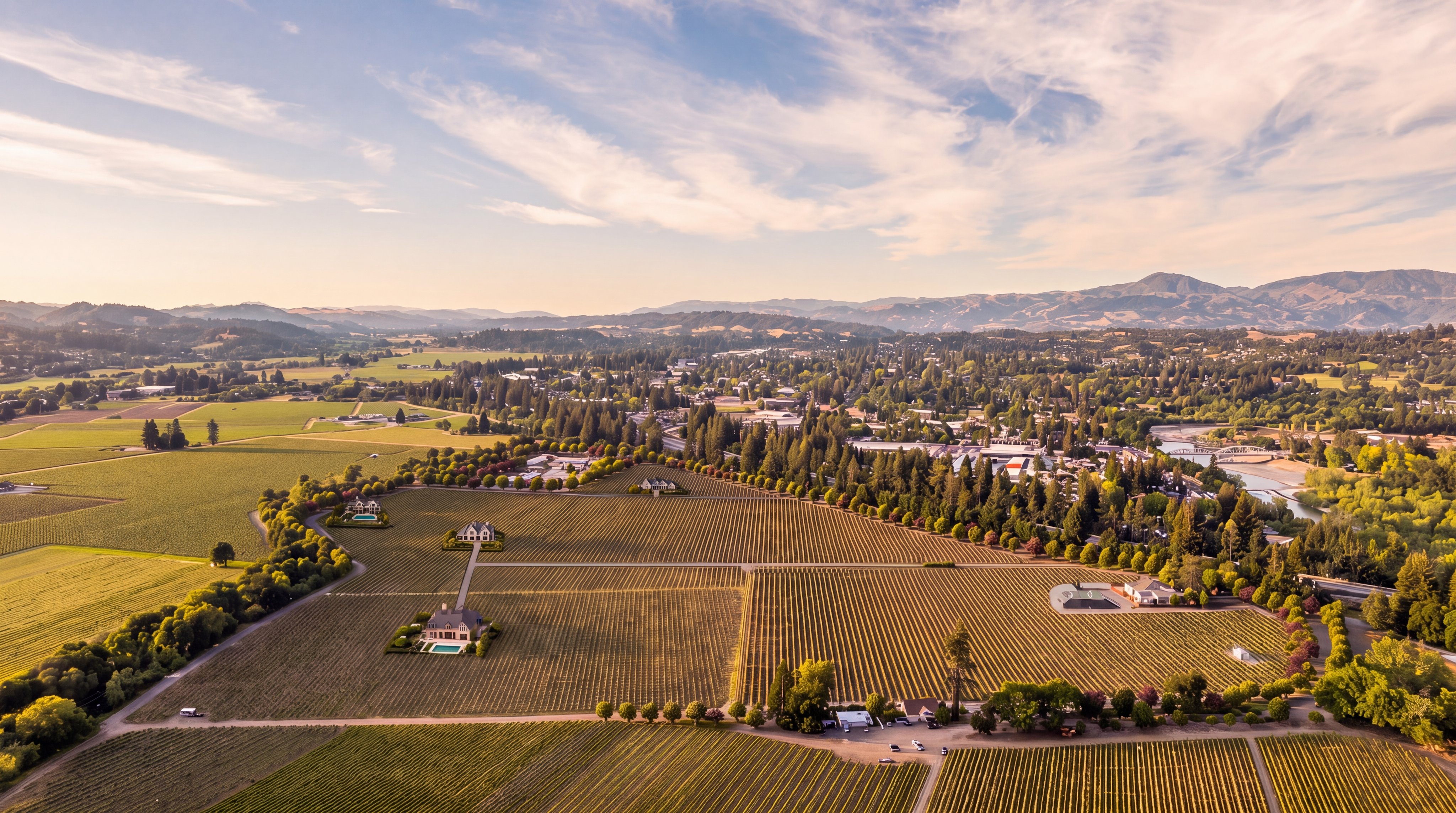 This stunning aerial view captures an expansive estate nestled within a picturesque vineyard landscape, featuring several luxury residences with private pools. The property is framed by rows of meticulously planted grapevines and lush tree lines, offering a serene and exclusive living environment. Beyond the estate, the property overlooks a vibrant community and rolling hills, emphasizing a tranquil, high-end lifestyle.