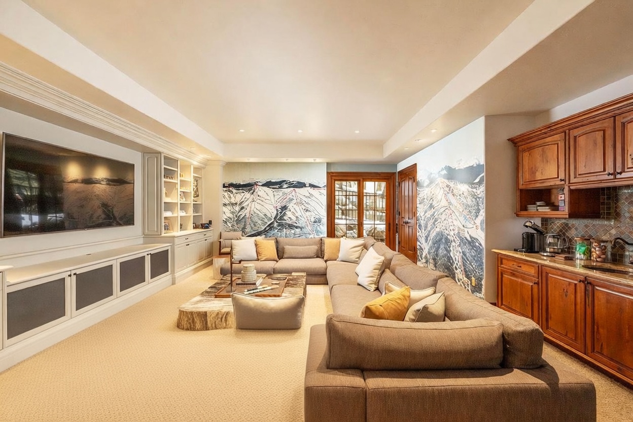 This spacious living room features a large, L-shaped sectional sofa arranged around a central coffee table, creating a comfortable gathering area. The room is accented by unique wall murals depicting mountain trail maps, complemented by built-in shelving and a wet bar area with wooden cabinetry. The perspective is from the rear of the room, looking toward the seating area and the glass-paned doors that lead to the outdoors.
