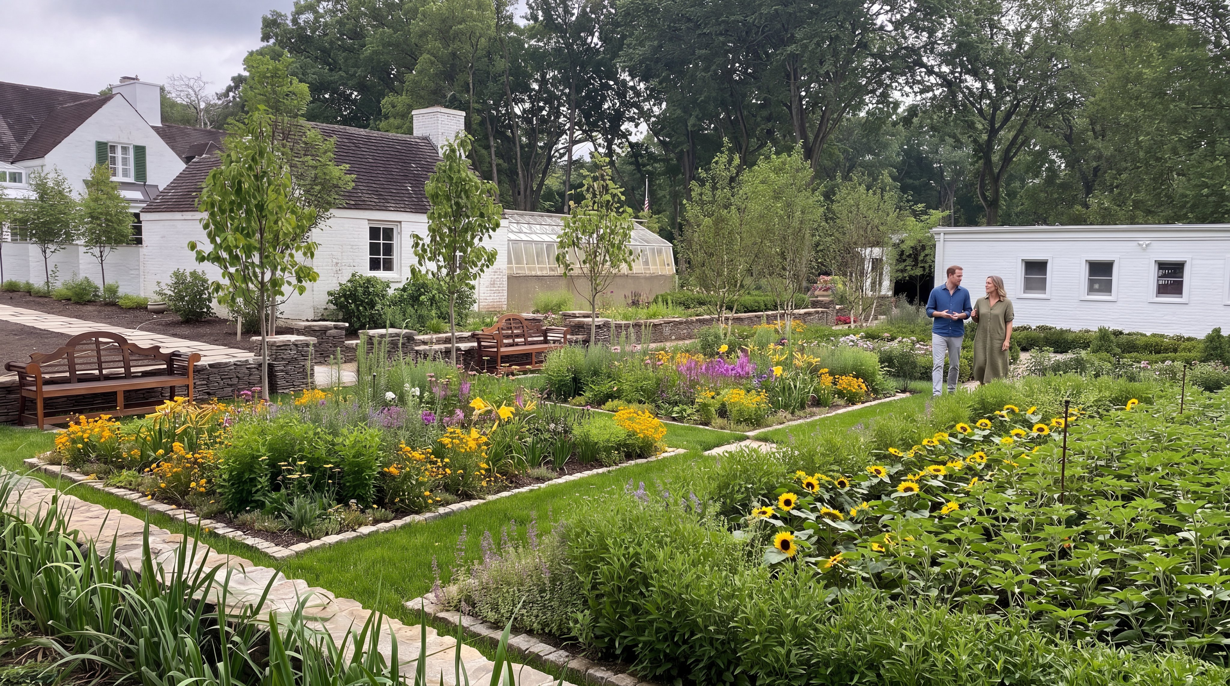 This stunningly landscaped garden features meticulously maintained planting beds filled with a variety of vibrant flowers, sunflowers, and lush greenery. The property offers a serene outdoor retreat with stone-edged paths, rustic wooden benches, a quaint greenhouse, and white-washed architectural elements that create a sophisticated aesthetic. It serves as an impressive example of high-end residential landscaping suitable for an estate property.
