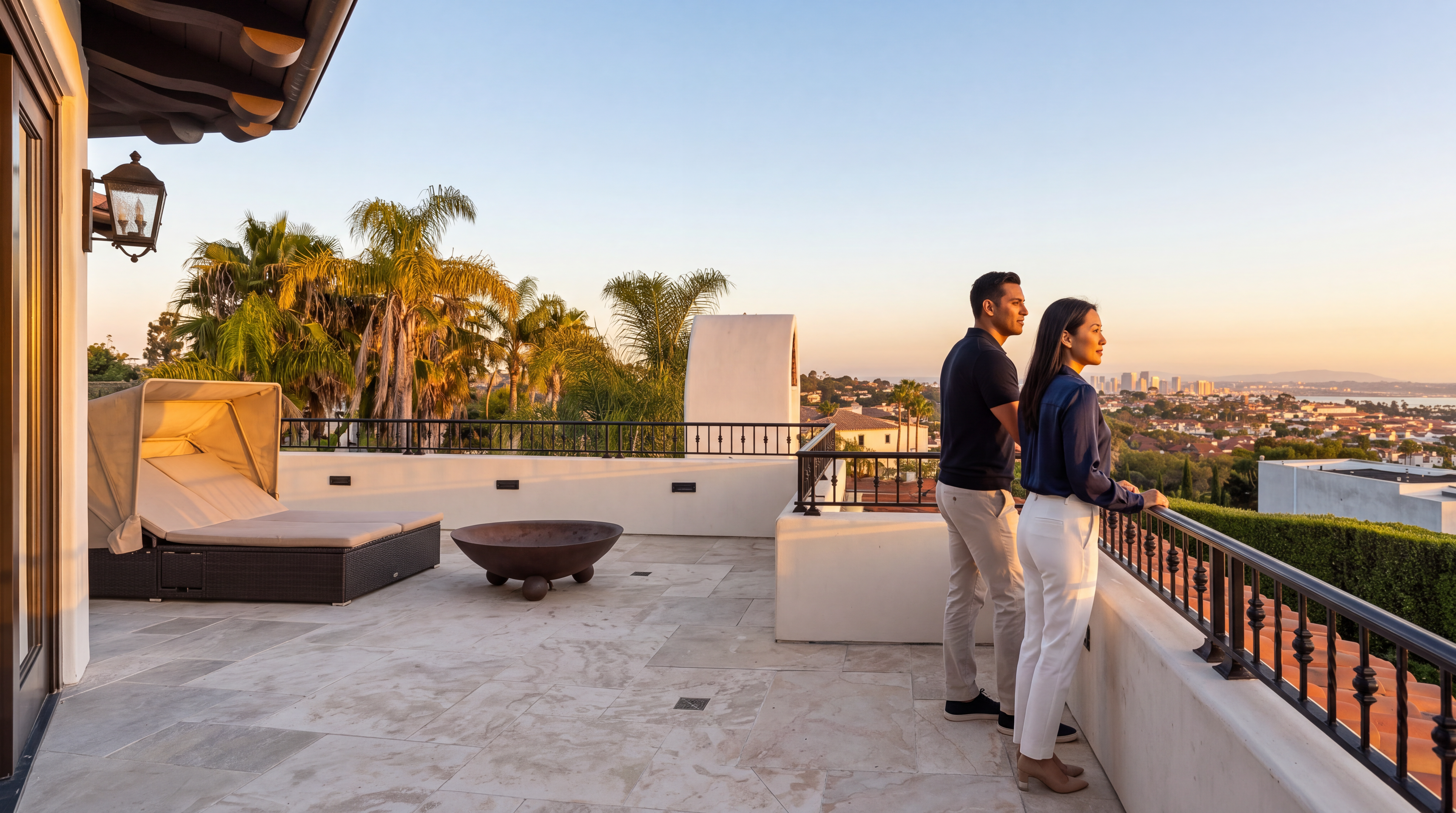 This spacious, high-end terrace offers panoramic views of the surrounding city and landscape at sunset. The area features premium stone flooring, a modern lounge chair with a canopy, and a decorative fire bowl, creating a perfect setting for outdoor relaxation. Its sophisticated design and vantage point make it an impressive feature of this luxury residence.