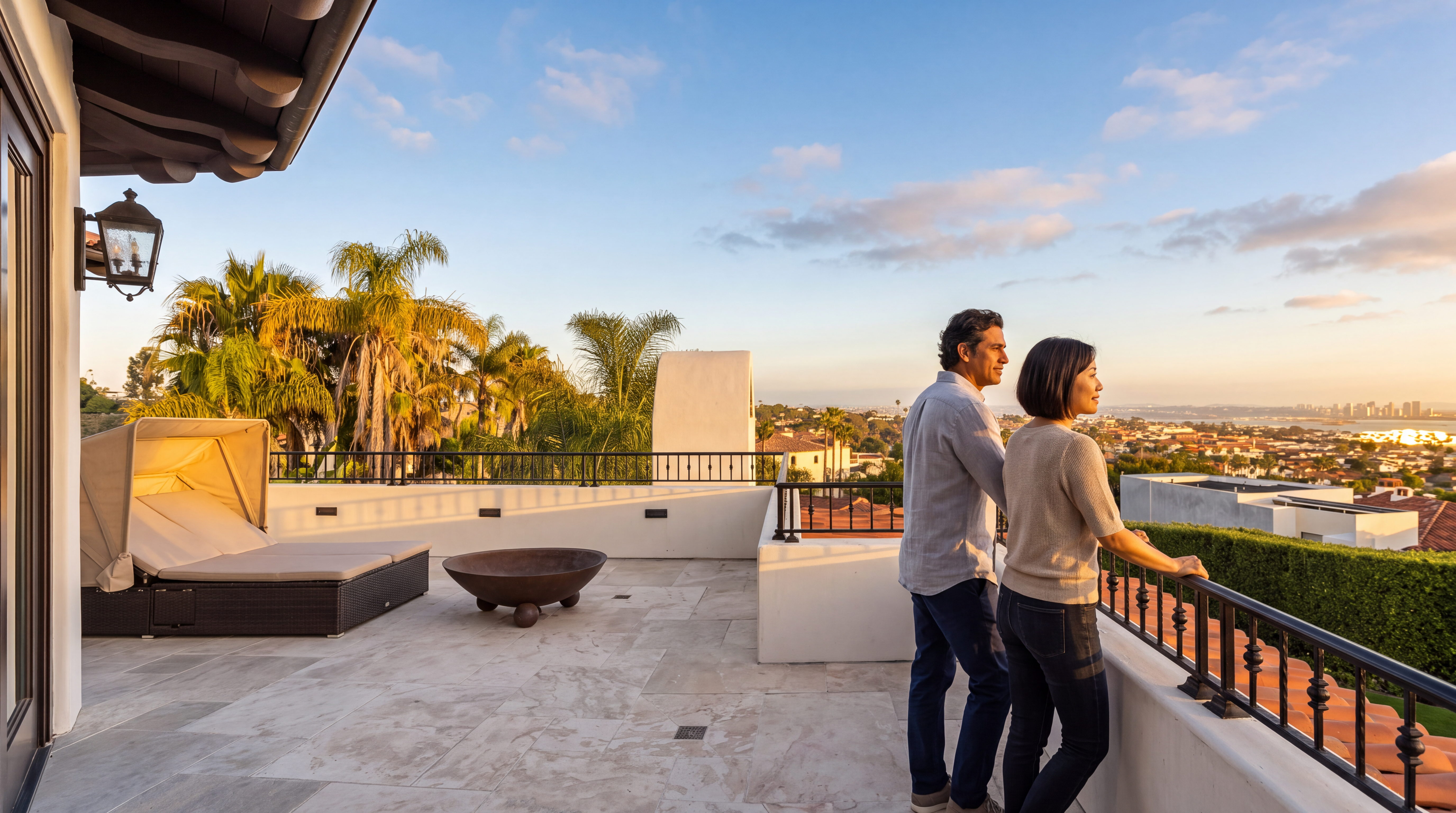 This stunning, expansive balcony offers a luxurious outdoor living space with a panoramic city and bay view at sunset. It features modern stone flooring, a comfortable hooded lounge chair, and a decorative fire bowl, making it perfect for entertaining or relaxing. The sleek iron railing and proximity to lush palm trees enhance the sophisticated Mediterranean-style architecture.