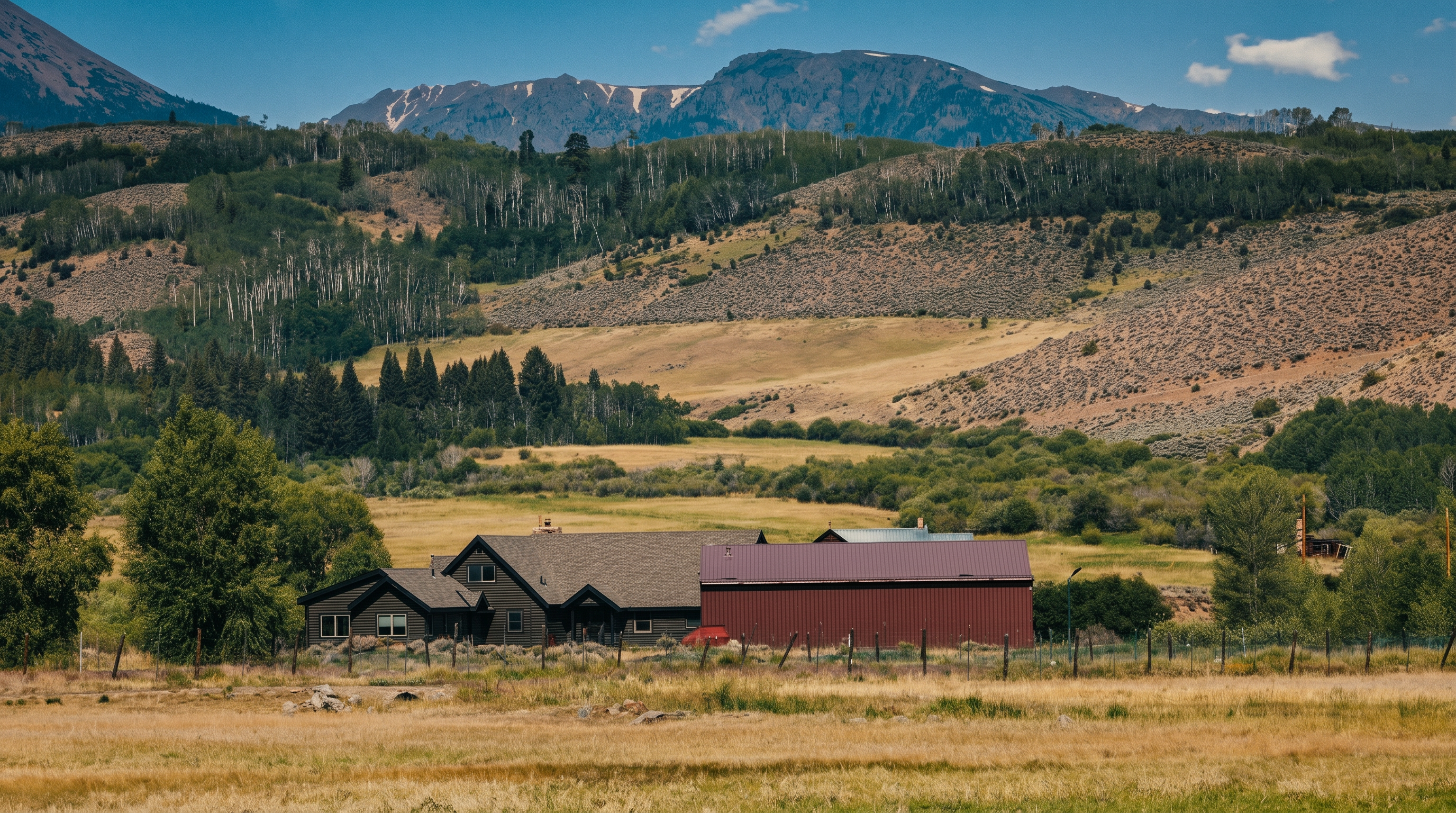 This wide-angle exterior shot captures a rustic-style home nestled in a vast, mountainous landscape. The property features a dark-toned wood-sided residence connected to a large, prominent barn with a deep red metal roof, set against a backdrop of rolling hills and snow-capped peaks. The foreground consists of an expansive, sun-drenched meadow, emphasizing the property's secluded and scenic rural setting.