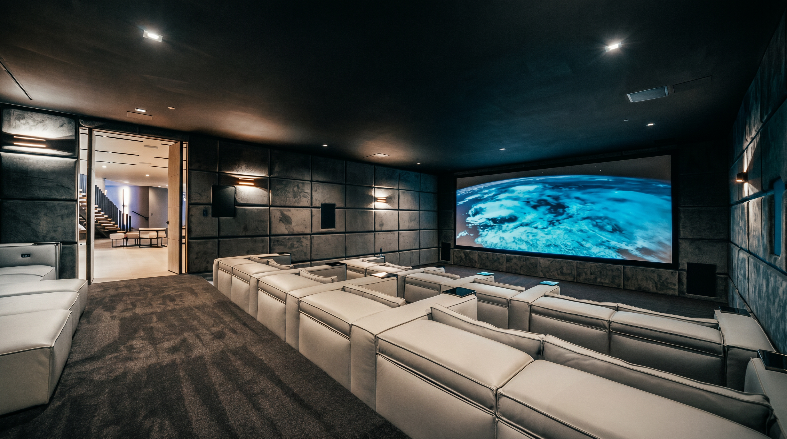 This image showcases a luxurious, modern home theater room featuring tiered rows of plush, light-colored leather seating facing a large projection screen. The walls are adorned with dark, textured acoustic paneling, and the room is illuminated by subtle, warm wall sconces. The perspective is from the back of the room, looking toward the screen, highlighting the spacious and sophisticated design intended for an immersive cinematic experience.