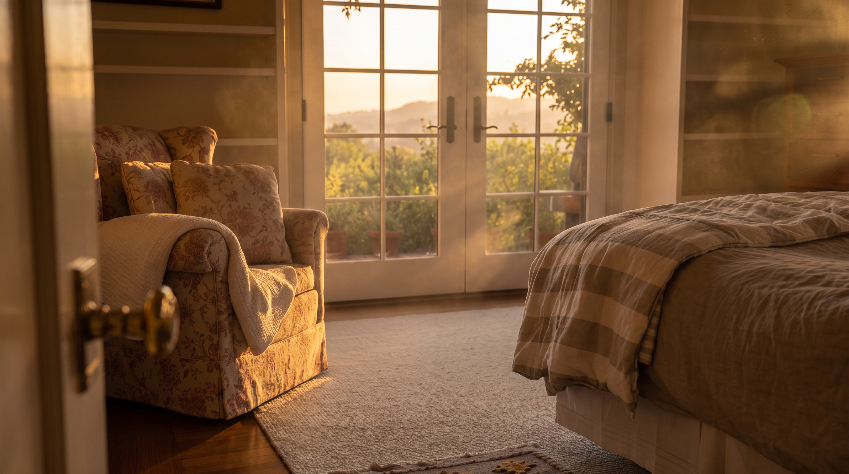 This bright and airy bedroom features hardwood flooring, a patterned armchair, and a comfortable bed with neutral bedding. Built-in shelving units flank a set of French doors that open to a scenic outdoor view, allowing for ample natural light. The room is decorated with a soft rug and wall-mounted lighting, creating a peaceful and inviting atmosphere.