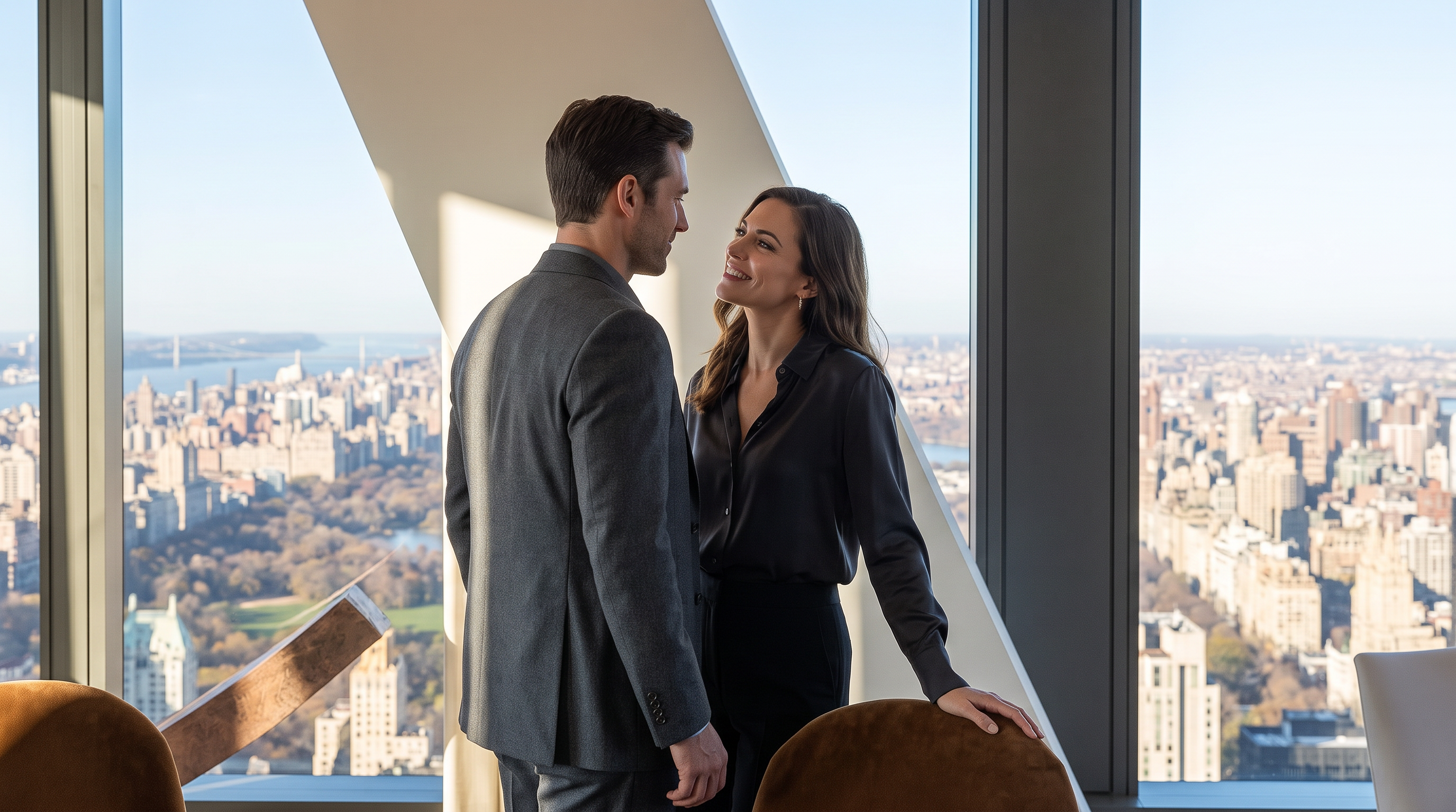 This high-rise executive office space showcases modern, luxury design highlighted by floor-to-ceiling windows providing expansive, panoramic views of the city skyline and Central Park. The room features a clean, minimalist aesthetic with sophisticated furniture, emphasizing an upscale professional atmosphere. The architectural design maximizes natural light, creating an airy and prestigious environment suitable for high-end corporate or residential use.