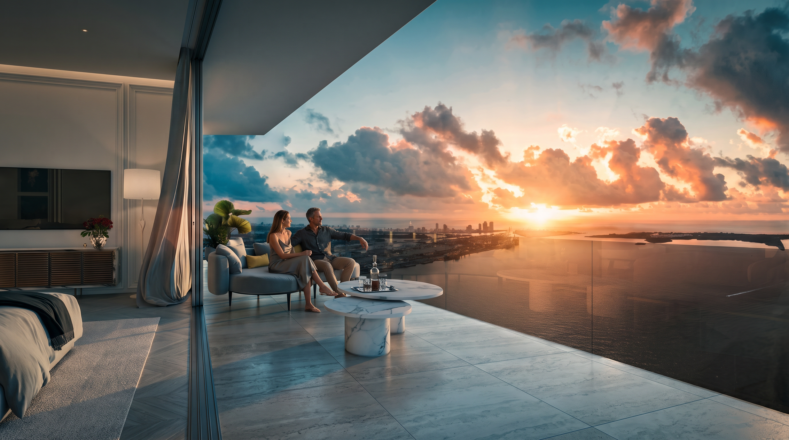 This luxurious balcony offers a seamless transition from an indoor living space to an expansive outdoor terrace with panoramic waterfront views. The area is furnished with a curved sofa featuring yellow accent pillows and two circular stone-topped tables, creating an inviting lounge atmosphere. The scene is captured at sunset, with the warm light reflecting off the water and the glass railing, emphasizing the high-end, modern aesthetic of the property.