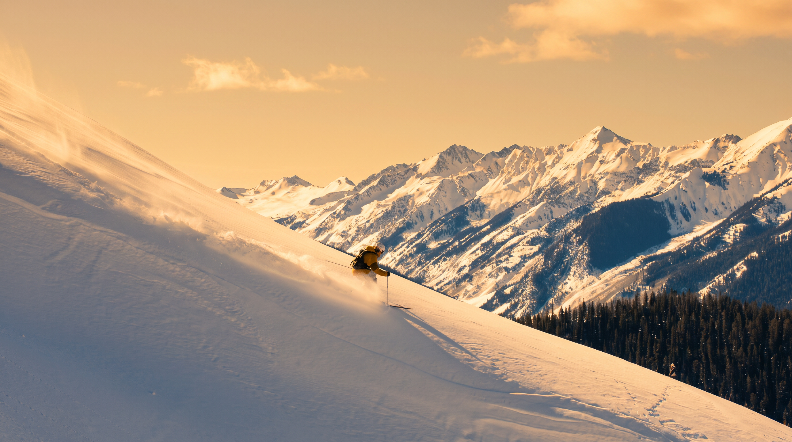 This image captures a wide-angle, cinematic view of a skier carving through deep, pristine powder on a steep, snow-covered mountain slope. In the background, a majestic range of jagged, snow-capped peaks stretches across the horizon under a clear, bright blue sky. The scene emphasizes the expansive, rugged natural beauty of a high-altitude alpine environment.