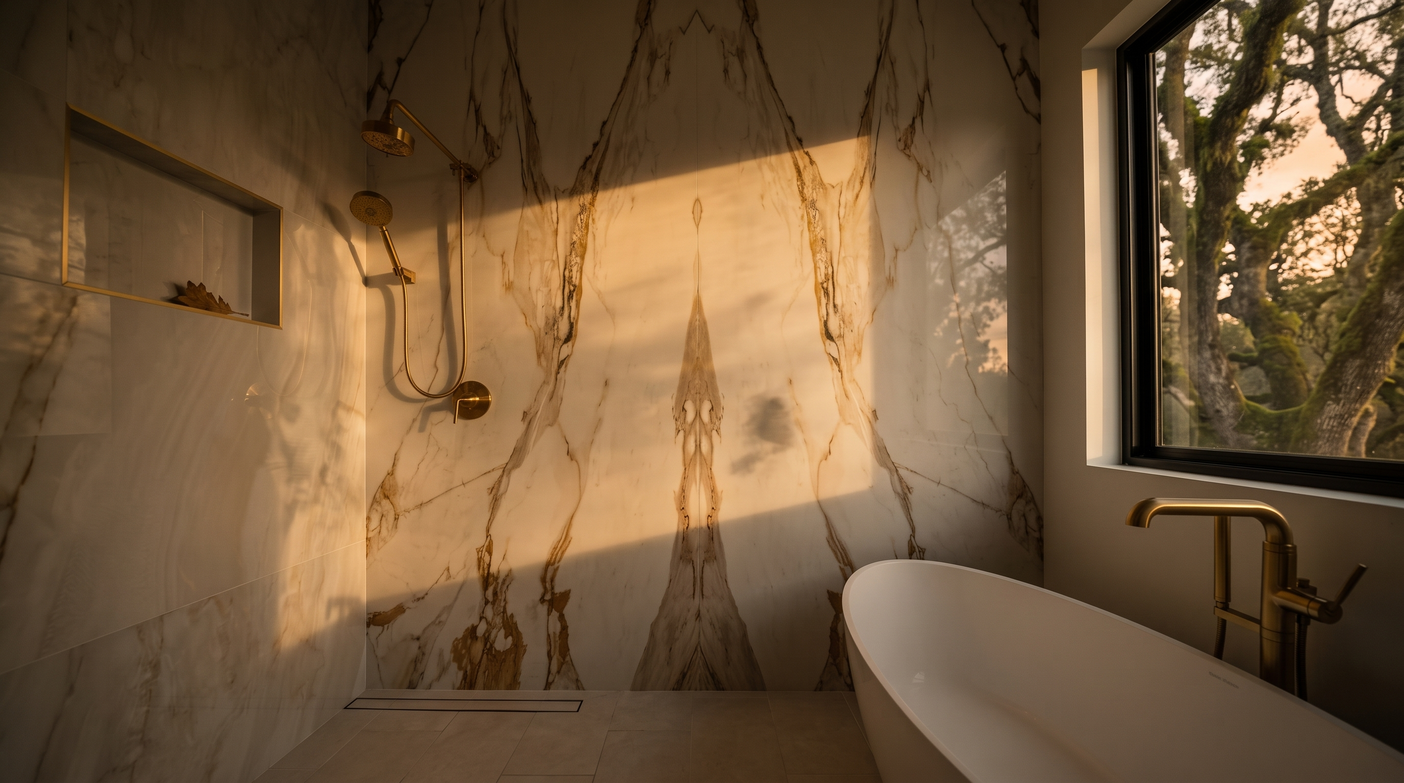 This luxurious bathroom features a freestanding white soaking tub paired with a gold-toned floor-mounted faucet. The focal point is a large, book-matched stone accent wall with dramatic veining, complemented by a gold-finished shower system and a recessed wall niche. The space is bright and modern, with a clean aesthetic enhanced by large-format light-colored floor tiles and a window to the right.
