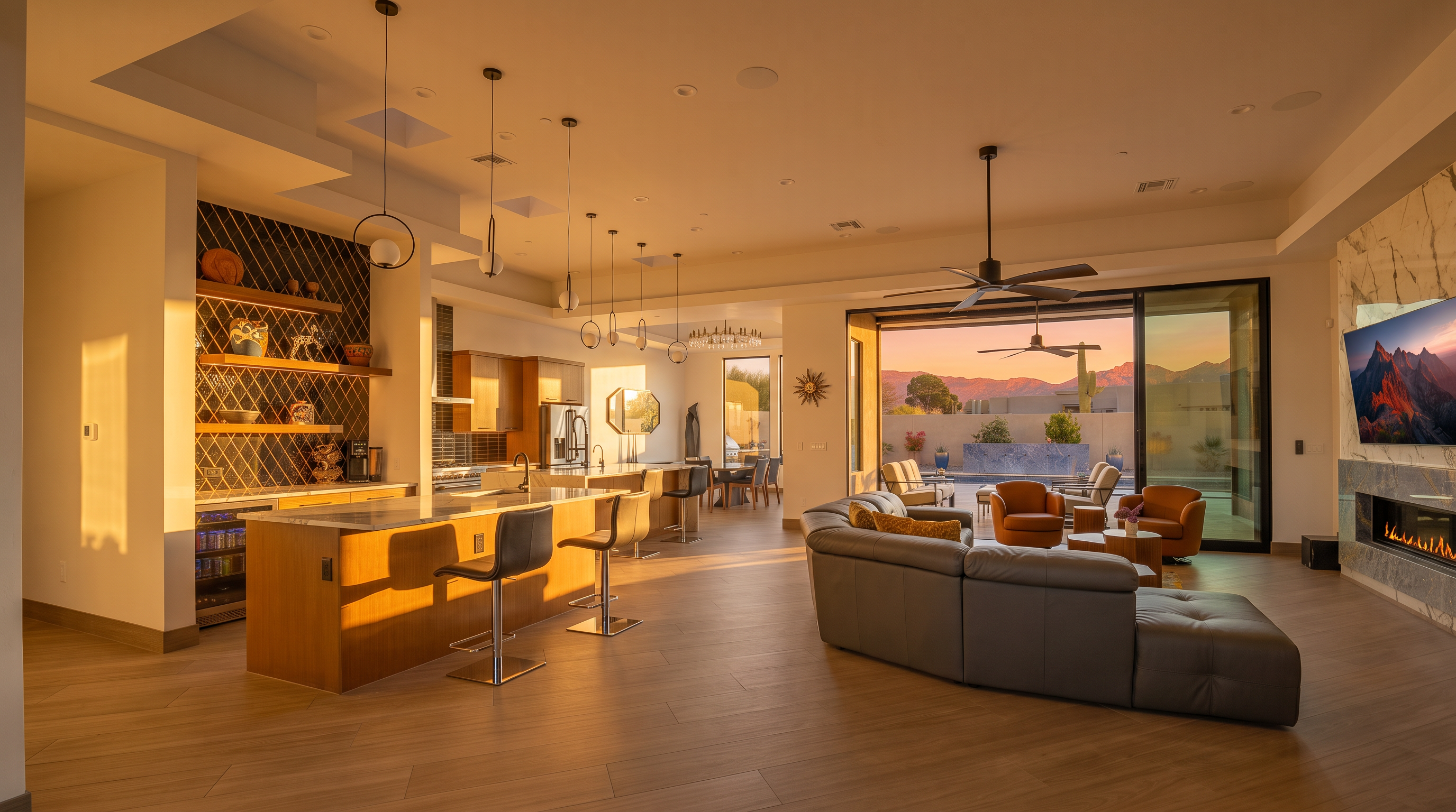 This expansive open-concept living area seamlessly integrates a modern kitchen, dining space, and lounge, all anchored by light-toned wood-look flooring. The living room features a large gray sectional sofa facing a television mounted on a wall with a tall stone-clad chimney breast and a linear fireplace. Large sliding glass doors open to a patio with mountain views, while a wet bar with a geometric patterned backsplash and pendant lighting adds a sophisticated touch to the kitchen area.
