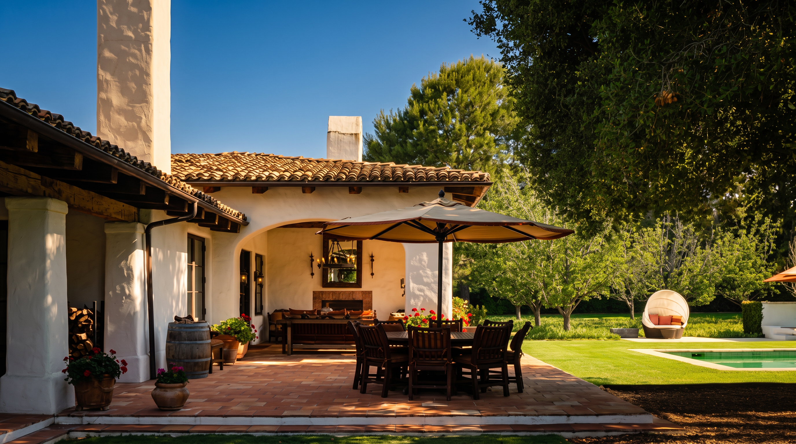 This inviting outdoor living space features a covered patio with terracotta-style flooring, perfect for al fresco dining under a large umbrella. The area includes a built-in fireplace, a wooden dining set, and a rustic barrel, all set against a white stucco home with traditional clay roof tiles. The scene opens up to a lush green lawn and a sparkling swimming pool, creating a serene and luxurious backyard retreat.