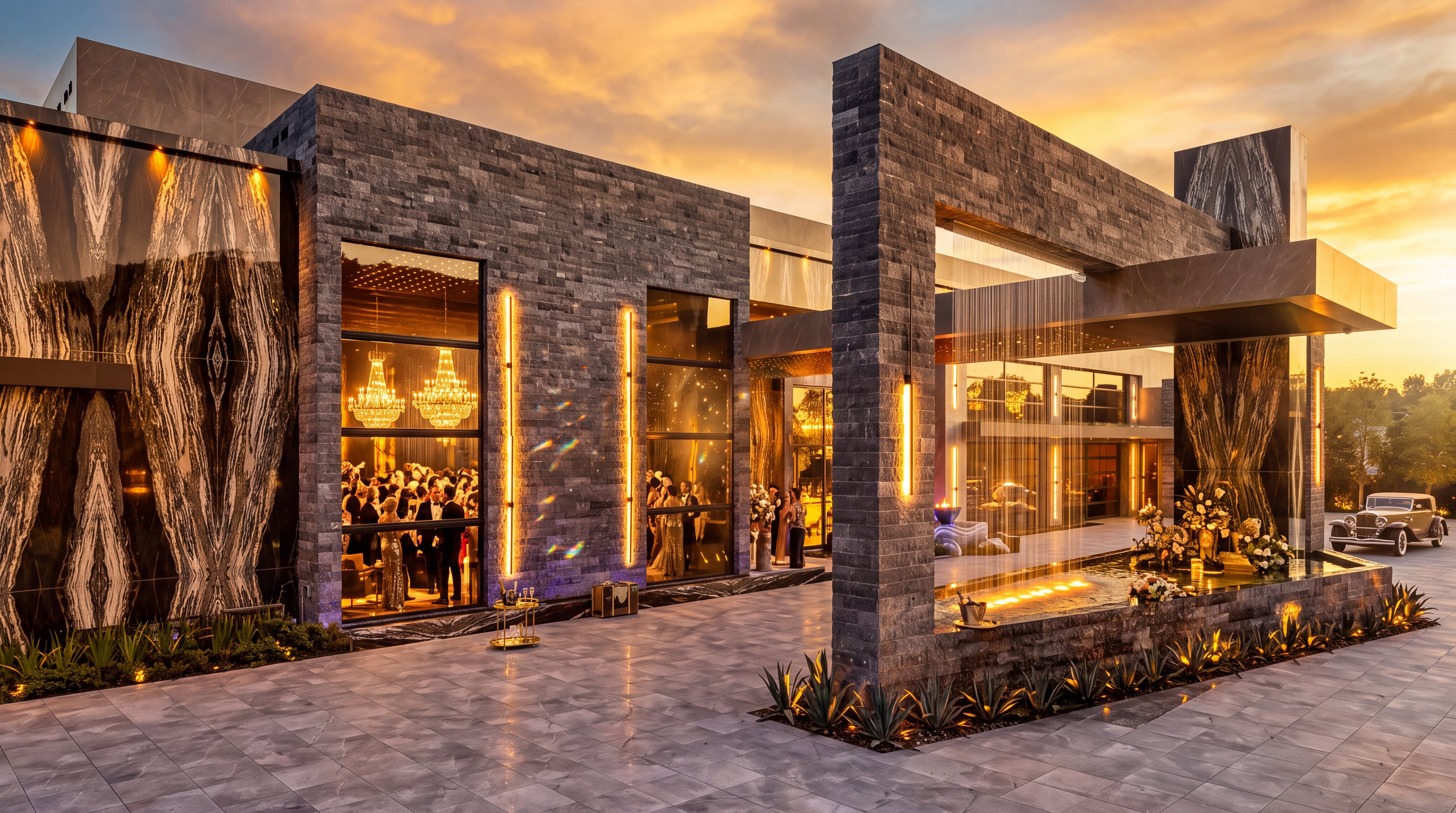 This striking modern estate features a dramatic porte-cochère with a cascading water feature integrated into its stone-clad structure. The facade is defined by bold geometric lines, large glass panels, and book-matched stone detailing, all set against a vibrant sunset sky. The perspective captures the grand scale of the entrance, emphasizing the luxurious architectural design and the sophisticated interplay of light and texture.