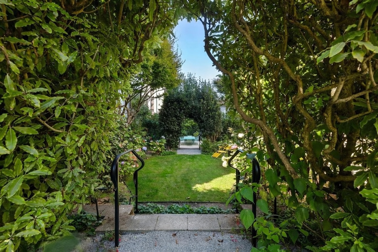 This perspective captures a lush, private garden viewed through a natural archway formed by mature, dense foliage. A set of stone steps with black metal railings leads down to a manicured lawn, which extends toward a secondary, smaller garden arch and a patio area with outdoor seating. The scene evokes a serene, secluded atmosphere, highlighting the property's well-maintained landscaping and tranquil outdoor living space.