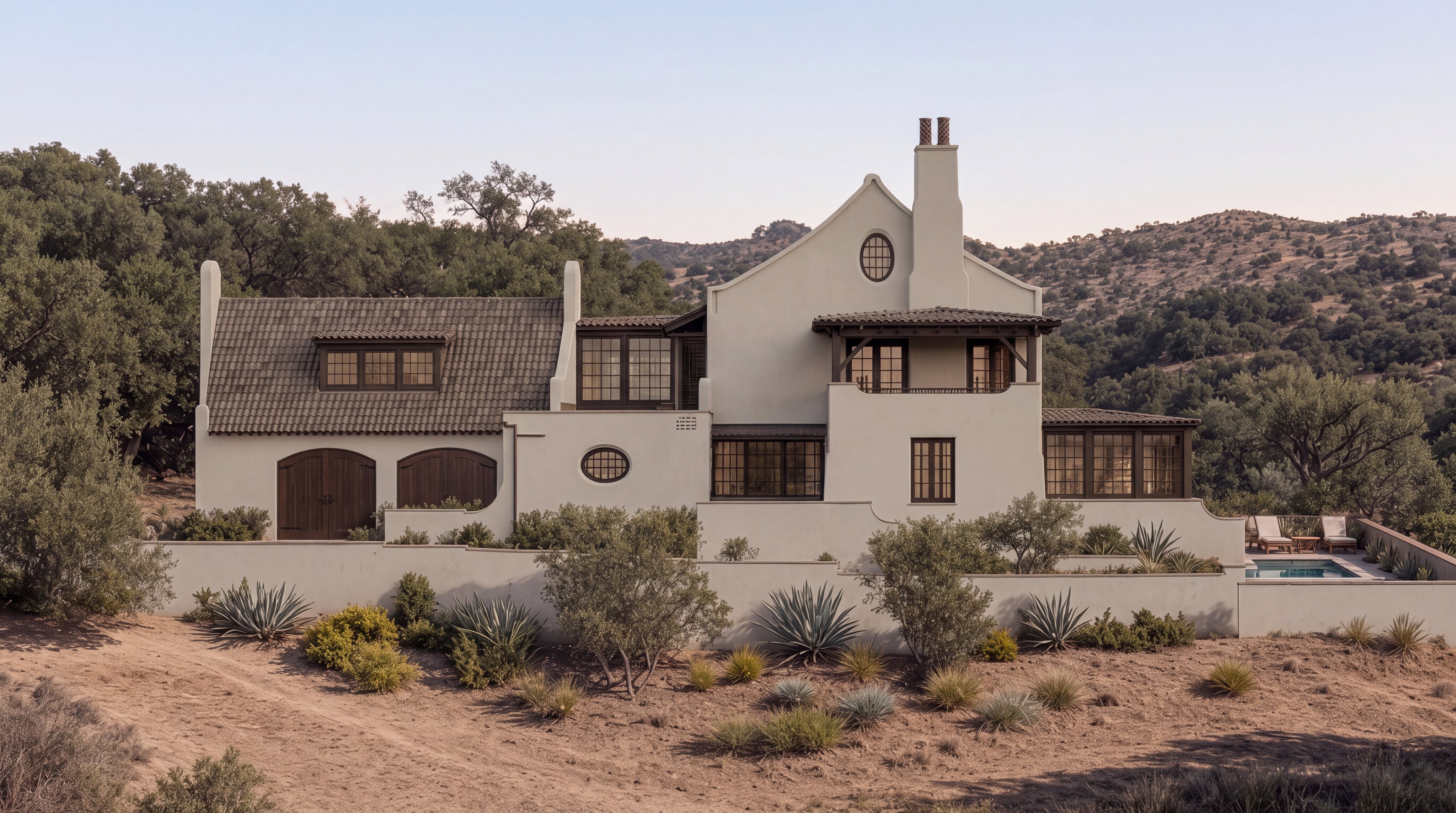This stunning estate showcases a sophisticated blend of Mediterranean and Spanish Colonial architectural styles, characterized by smooth, light-toned stucco walls, arched wooden entryways, and a dark-tiled roof. The multi-level structure integrates seamlessly with the rugged landscape, featuring a private swimming pool, terraced garden beds, and expansive windows that offer panoramic views of the surrounding hills. Its elegant design and serene desert-inspired setting create a luxurious and tranquil atmosphere.