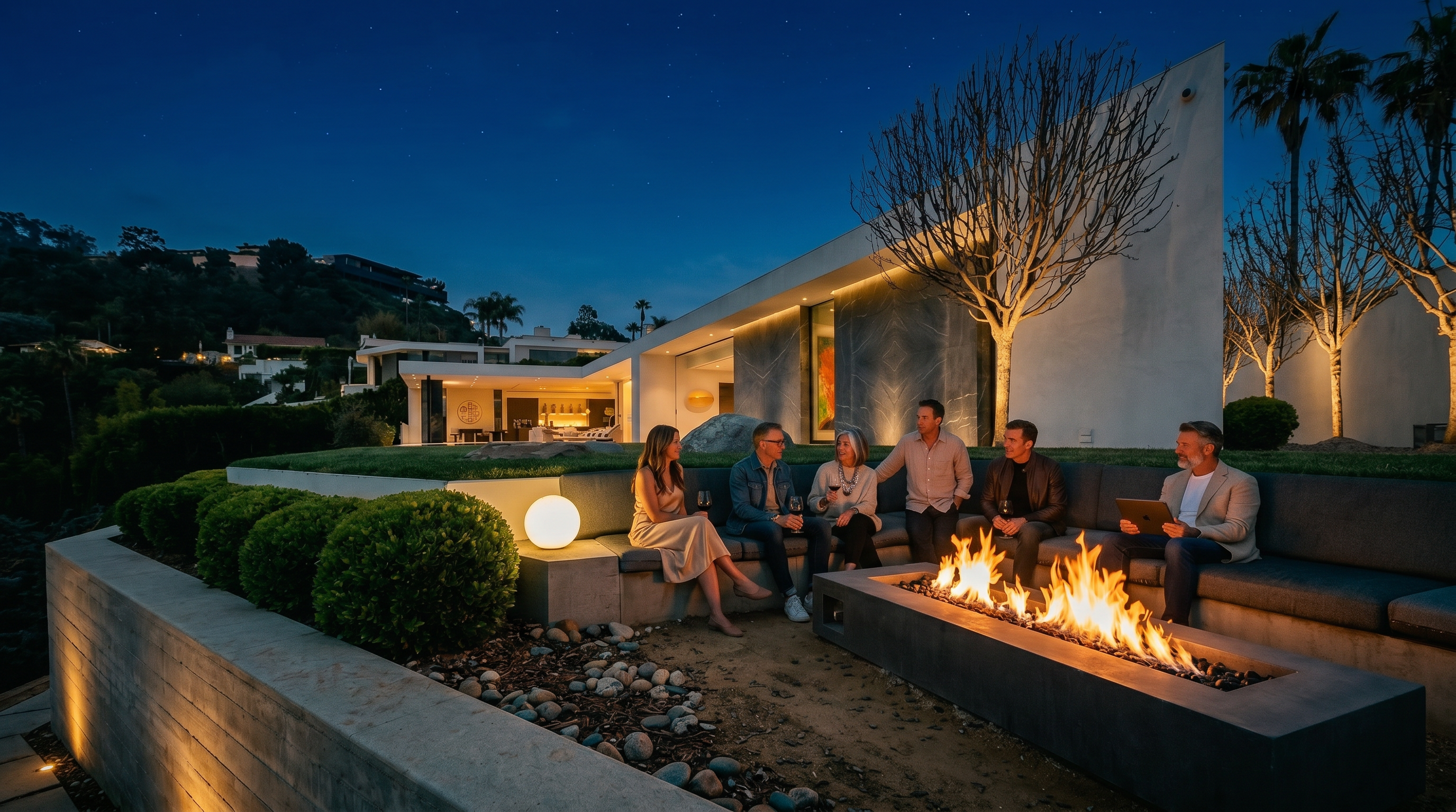 This modern outdoor living space features a sleek, built-in concrete fire pit and a long, minimalist sectional sofa set against a backdrop of a contemporary architectural home. The area is elevated with a manicured lawn and neatly trimmed spherical hedges, offering a sophisticated and serene atmosphere. The perspective captures the seamless integration of luxury indoor-outdoor living, highlighting the clean lines and high-end design of the property.