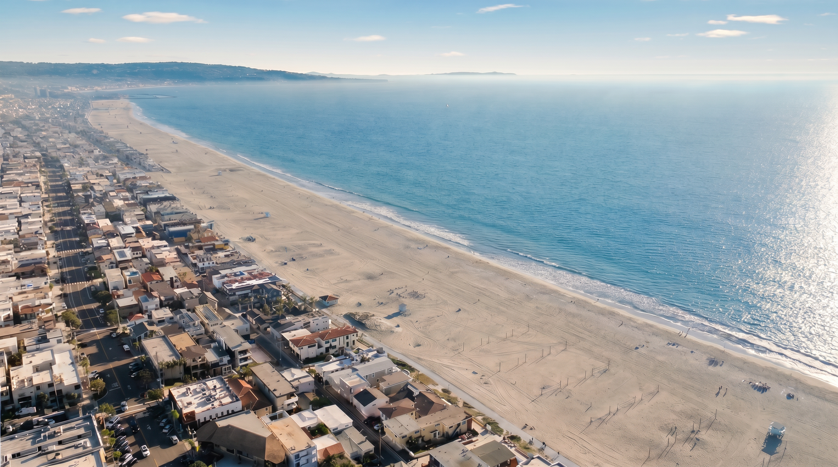 This high-angle aerial shot captures a prime beachfront property located directly along a vast, sandy coastline. The perspective highlights the home's immediate proximity to the ocean, showcasing the expansive beach and the surrounding residential neighborhood. A location pin marks the specific property, emphasizing its desirable coastal positioning and panoramic water views.