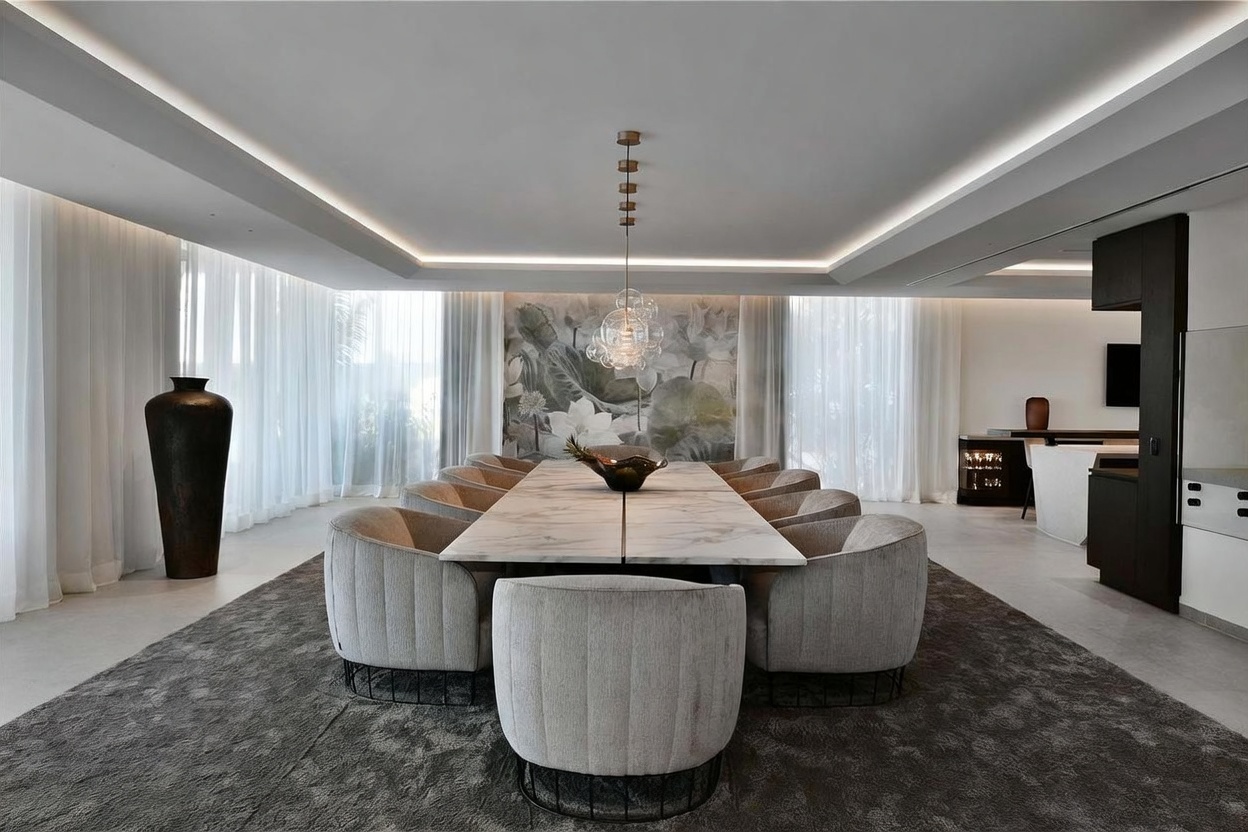 This sophisticated dining room features a long, rectangular table with a light-toned stone top, surrounded by ten upholstered chairs with curved backs. A large, artistic mural depicting botanical elements serves as a focal point on the back wall, complemented by a modern, multi-globe pendant light fixture. The space is framed by expansive windows draped in sheer curtains and sits atop a large, textured area rug, creating an atmosphere of refined elegance.