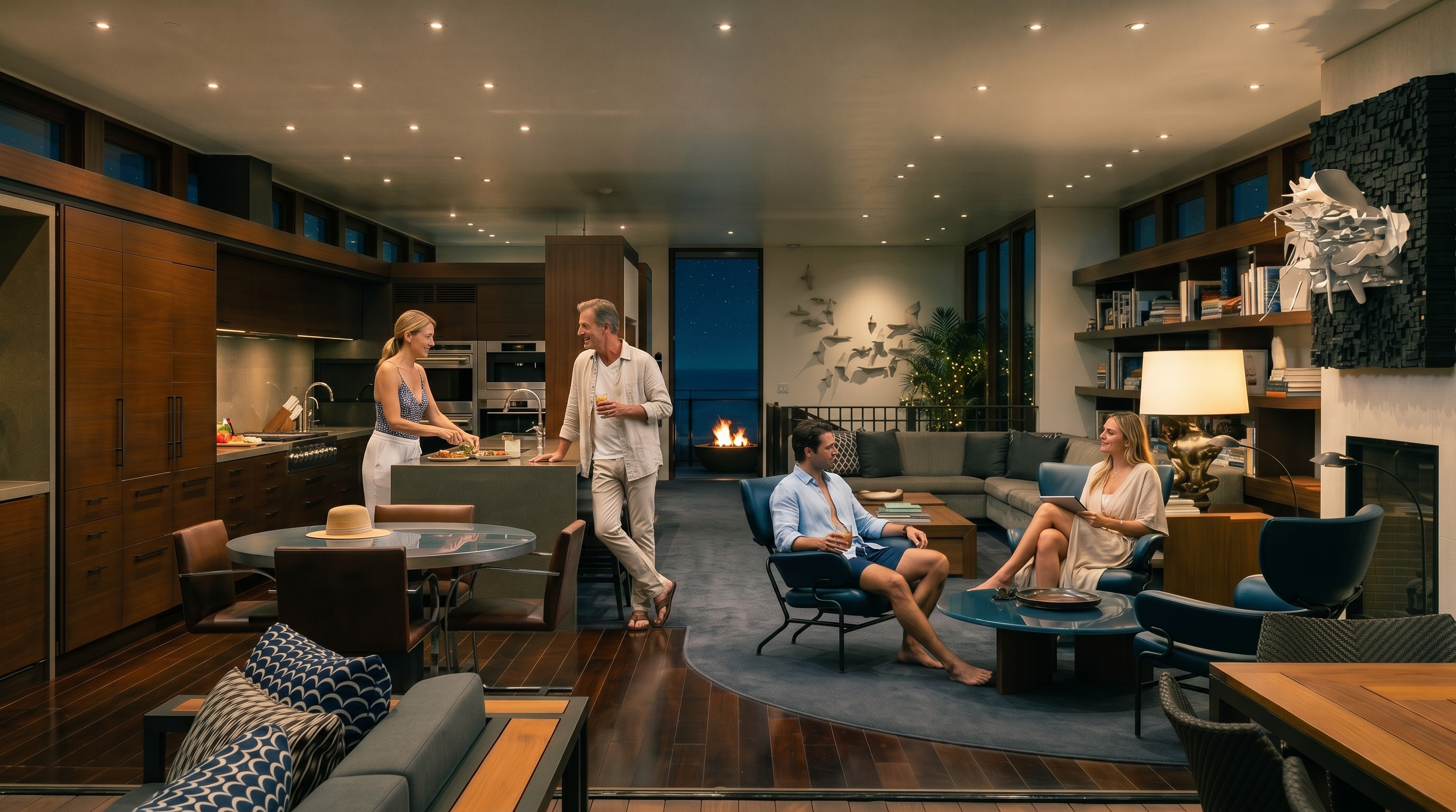 This expansive, open-concept living space seamlessly blends a kitchen, dining area, and lounge, characterized by a sophisticated mid-century modern aesthetic. The room features rich wood flooring, a large circular area rug defining the seating area, and a wall of glass doors that open to an outdoor deck. A prominent fireplace with a textured, dark-toned surround serves as a focal point, complemented by curated art and warm, recessed lighting throughout the interior.