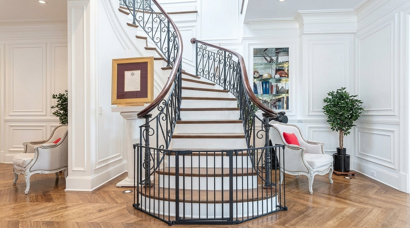 This elegant entryway features a grand curved staircase with dark metal railings and a warm wood handrail, complemented by light-toned wood flooring laid in a herringbone pattern. A white safety gate is installed at the base of the stairs, while a plush armchair with a red accent pillow sits nearby next to a built-in display shelf. The space is bright and airy, characterized by classic architectural molding and a sophisticated, traditional aesthetic.