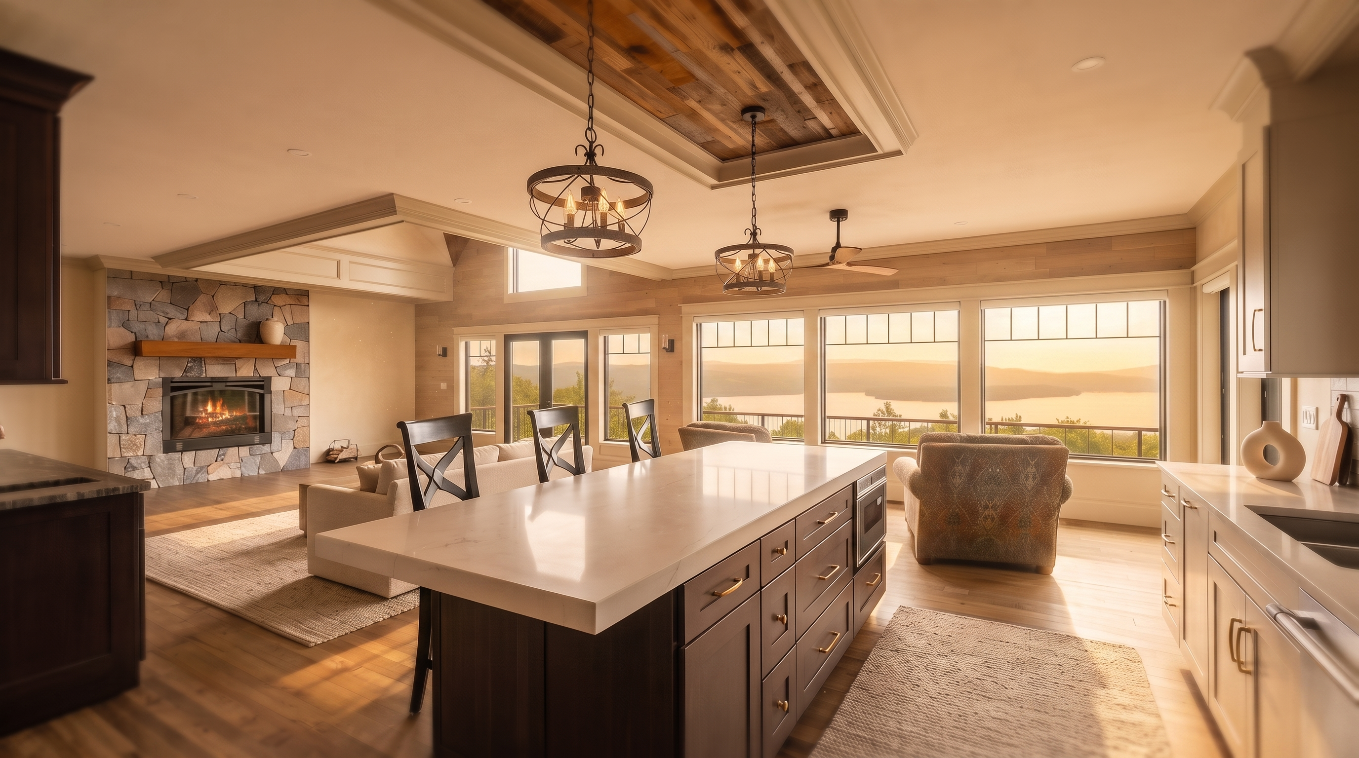 This stunning open-concept living space features a modern kitchen island with white waterfall countertops and dark wood cabinetry that perfectly balances the room's warm rustic aesthetic. The area seamlessly flows into a cozy living room highlighted by a stone-faced fireplace with a wood mantel and large windows framing panoramic lake and mountain views. With exposed wood ceiling accents and elegant pendant lighting, the space exudes a sophisticated, luxurious, and inviting atmosphere.