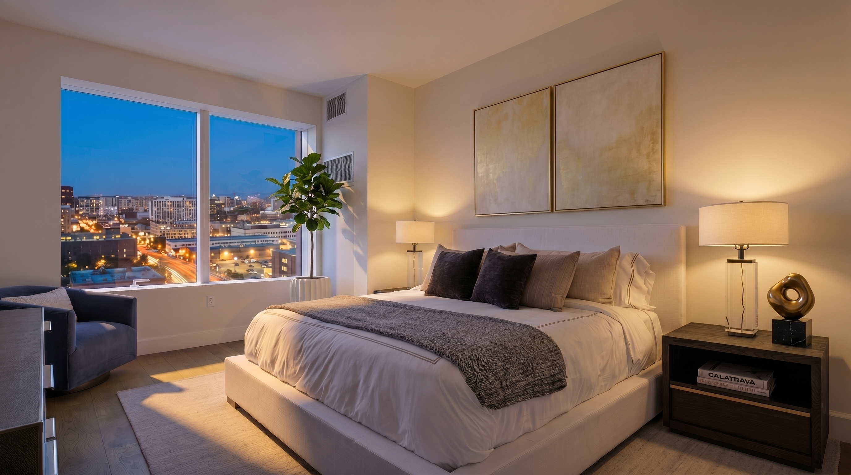 This sleek and modern primary bedroom features a plush, light-colored upholstered bed with a textured gray throw and a mix of neutral and dark accent pillows. A blue swivel accent chair sits near expansive, floor-to-ceiling windows that provide abundant natural light and sweeping city views. The room is balanced by a dark wood nightstand and contemporary lighting, creating a calm and sophisticated retreat.