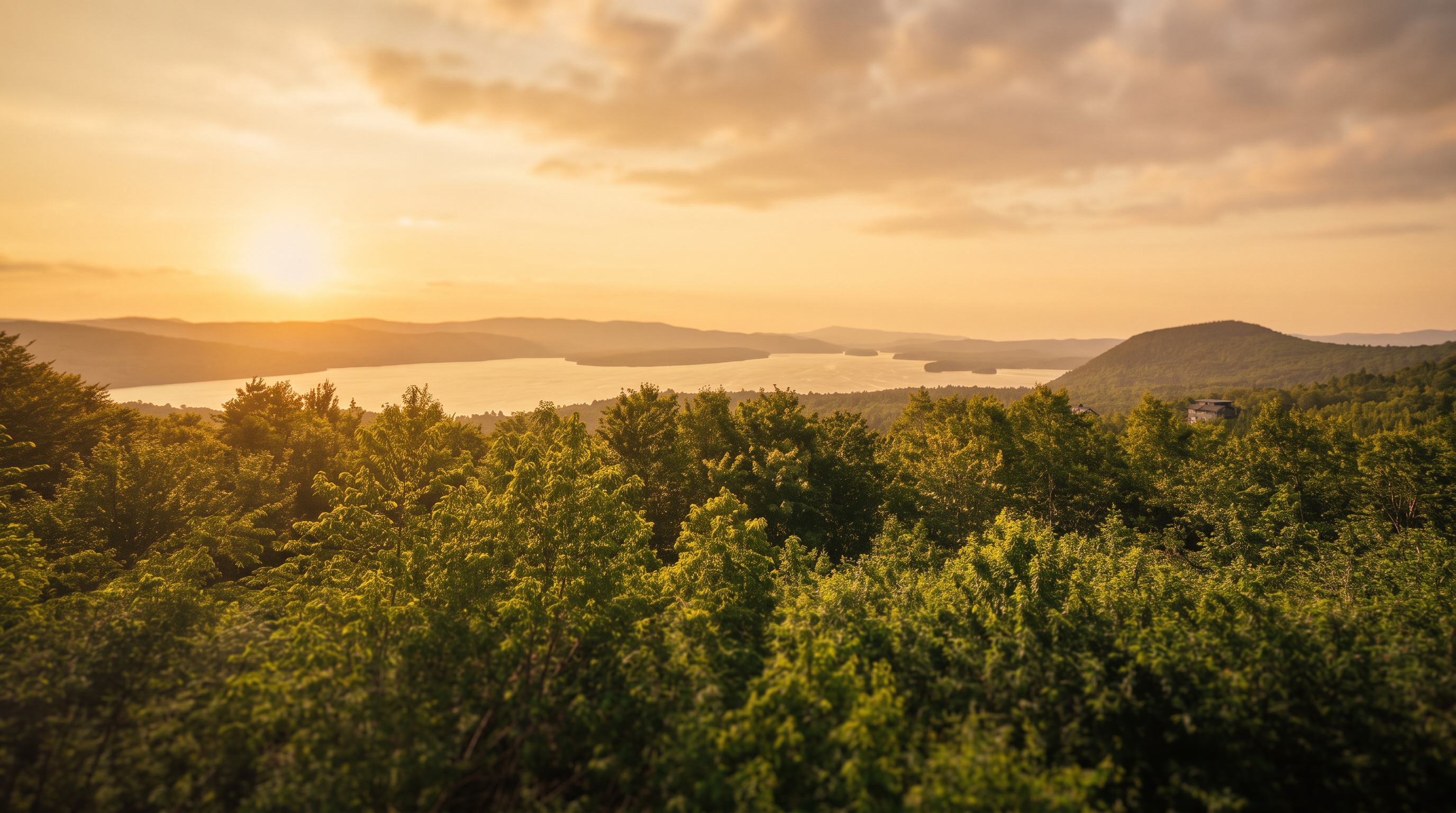 This scenic image offers a panoramic view from an elevated vantage point, showcasing a vast, sparkling lake nestled between rolling, forested hills. The expansive blue sky with sparse, fluffy clouds emphasizes the tranquil and serene natural setting. This perspective highlights the picturesque landscape that would be a standout feature for a property listing emphasizing privacy and scenic views.