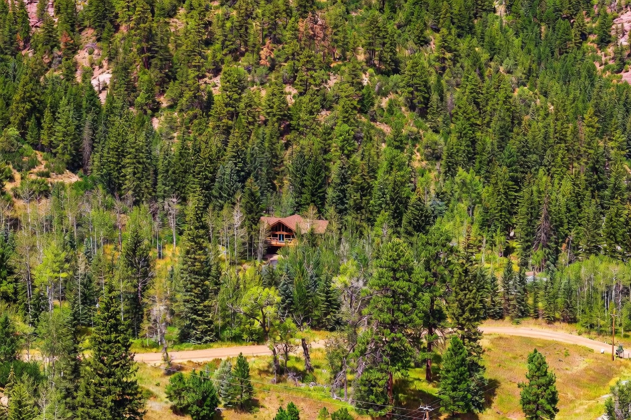 This aerial perspective captures a rustic, multi-level wooden home nestled deep within a dense, lush forest of evergreen and deciduous trees. The structure features a prominent deck overlooking the surrounding landscape, blending seamlessly into the mountainous terrain. A winding dirt road curves through the foreground, emphasizing the secluded and private nature of this mountain retreat.