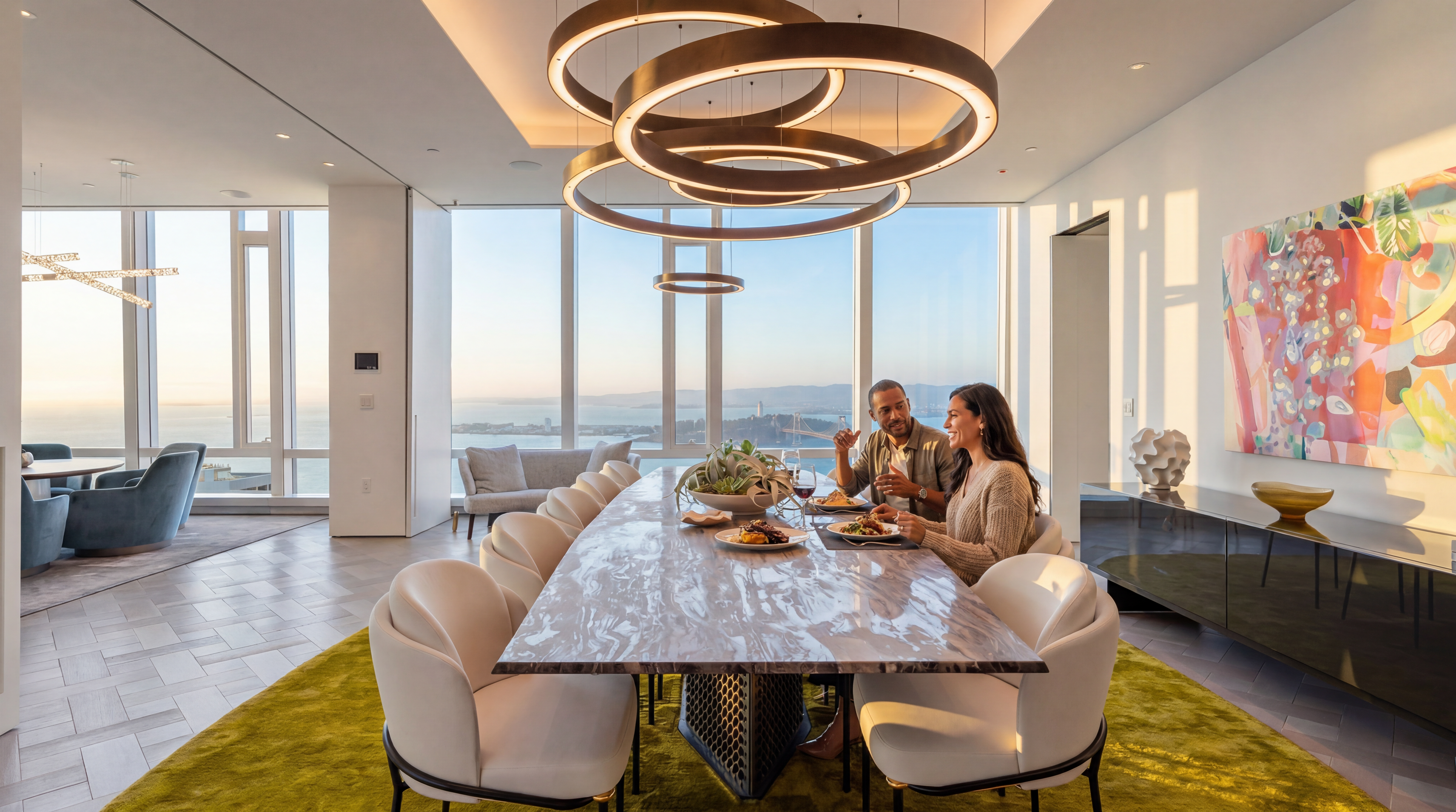 This sophisticated dining room features a long, stone-topped table surrounded by cream-colored upholstered chairs, all set atop a vibrant chartreuse area rug. Above, a series of large, circular pendant lights create a dramatic focal point, while floor-to-ceiling windows provide an expansive, panoramic view of the bay and bridge. The space is further accented by a sleek, dark sideboard and a colorful abstract painting, conveying an atmosphere of modern luxury and high-rise elegance.