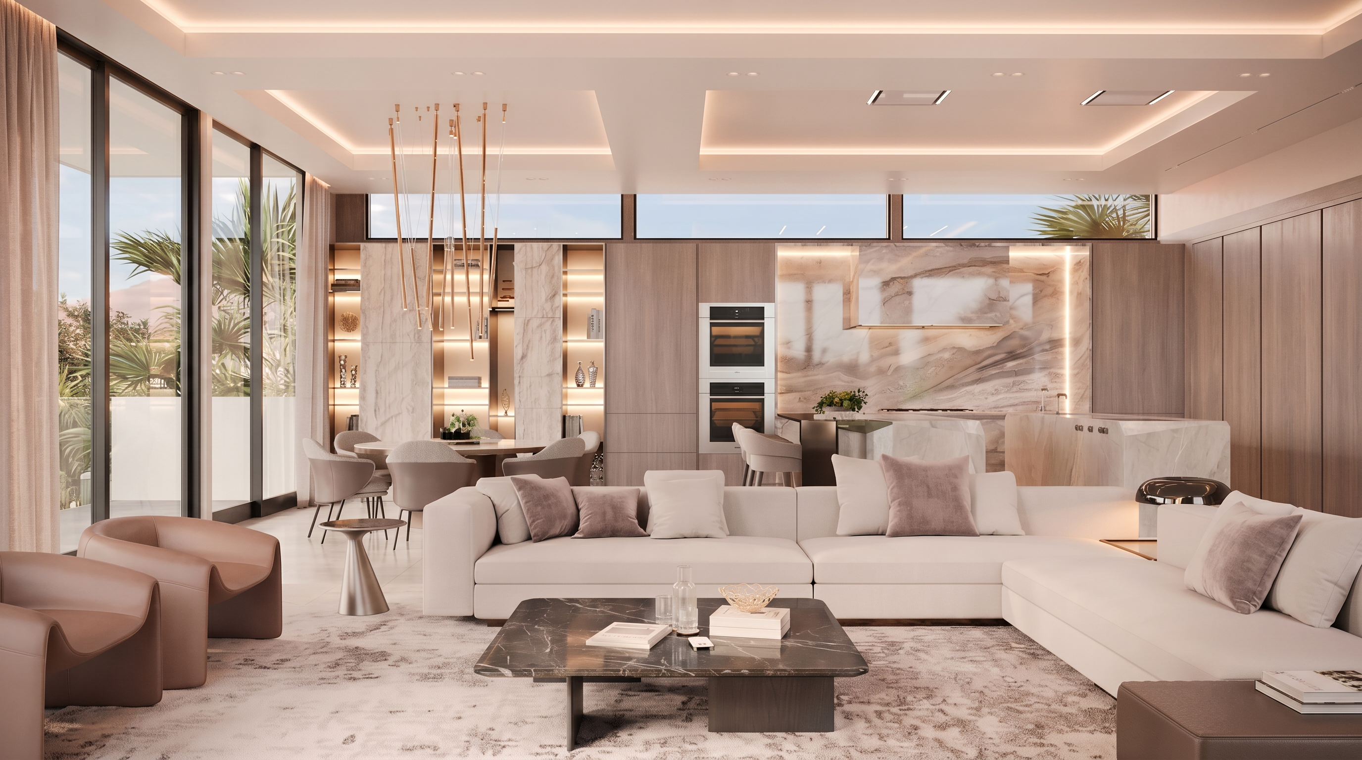 This expansive open-concept living area showcases a sophisticated, contemporary design with a neutral color palette and high-end finishes. The space features a large, plush sectional sofa facing a dark stone coffee table, with a dining area and a sleek kitchen visible in the background. Large windows allow natural light to flood the room, highlighting the recessed ceiling lighting and the elegant, modern chandelier hanging above the dining table.