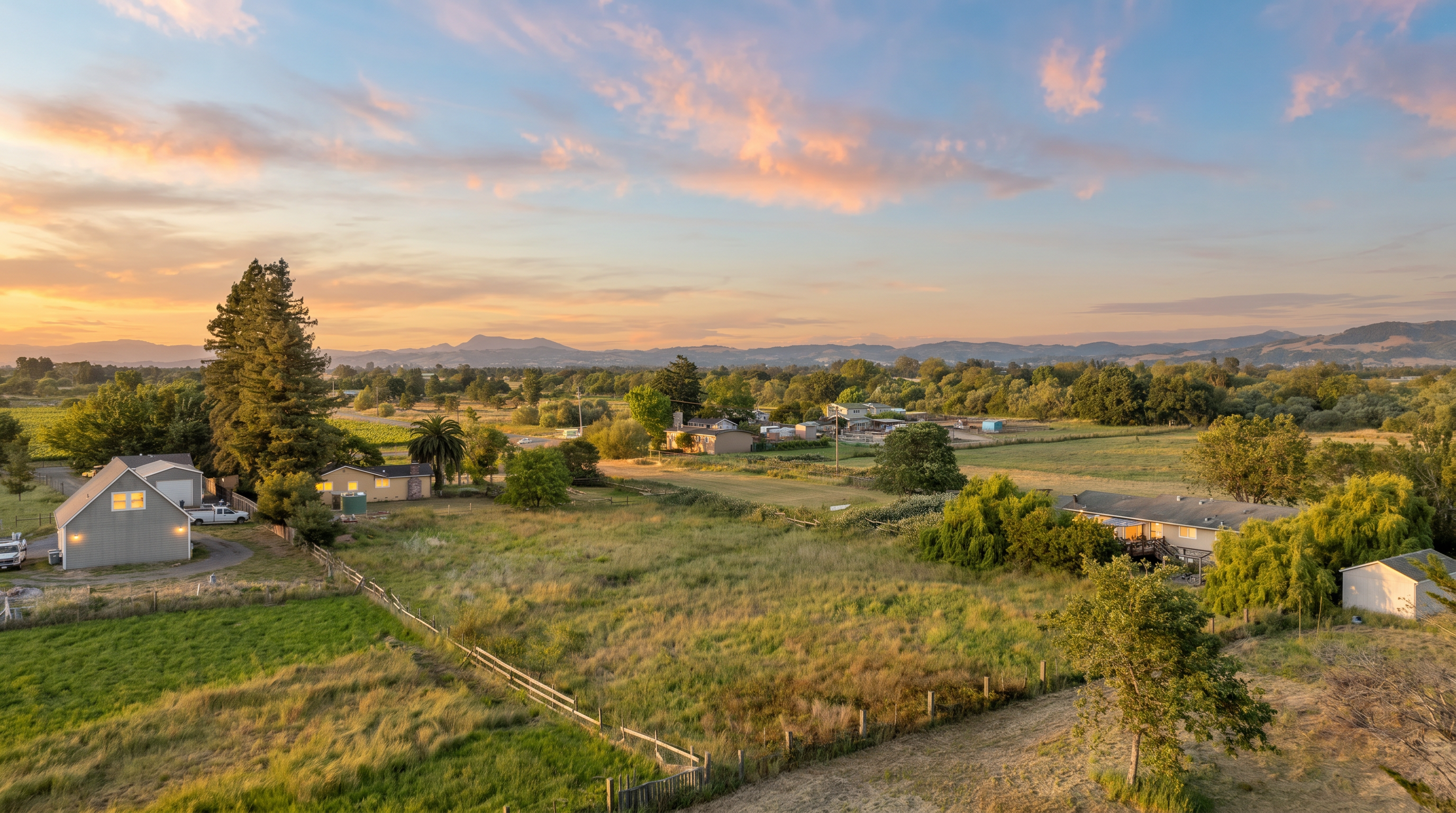 This wide-angle aerial view captures a sprawling rural property set against a backdrop of rolling hills and a clear blue sky. The landscape features a mix of open grassy fields, mature trees, and several residential structures, including a prominent grey house with a detached garage. The perspective provides a comprehensive look at the expansive lot, highlighting the peaceful, semi-rural setting and the surrounding natural terrain.