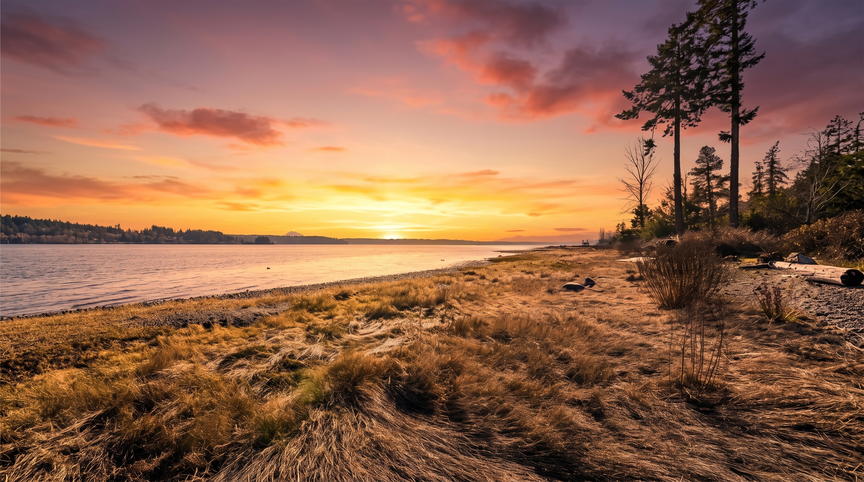 This scenic outdoor view captures a natural, rugged shoreline featuring a wide expanse of dry, golden-brown grasses leading down to a rocky beach. The calm, blue water stretches toward a distant, forested coastline under a bright, partly cloudy sky. Tall, slender evergreen trees frame the right side of the composition, emphasizing the peaceful and expansive nature of this waterfront property.