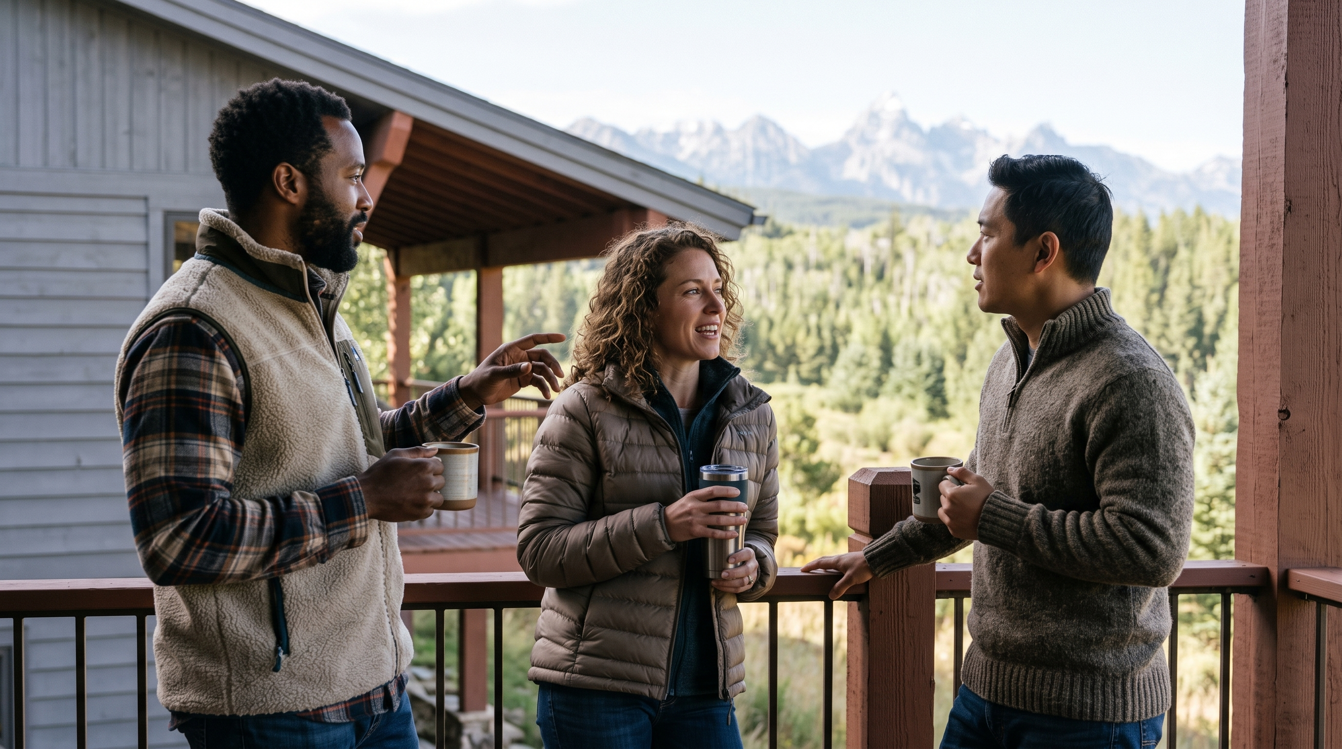 This image features a spacious outdoor balcony with a classic railing, offering breathtaking, unobstructed views of a majestic mountain range. The setting is ideal for social gatherings, highlighted by the rustic, inviting atmosphere of the home's exterior architecture. The backdrop of lush greenery and distant peaks enhances the property's appeal, showcasing a premier lifestyle feature.