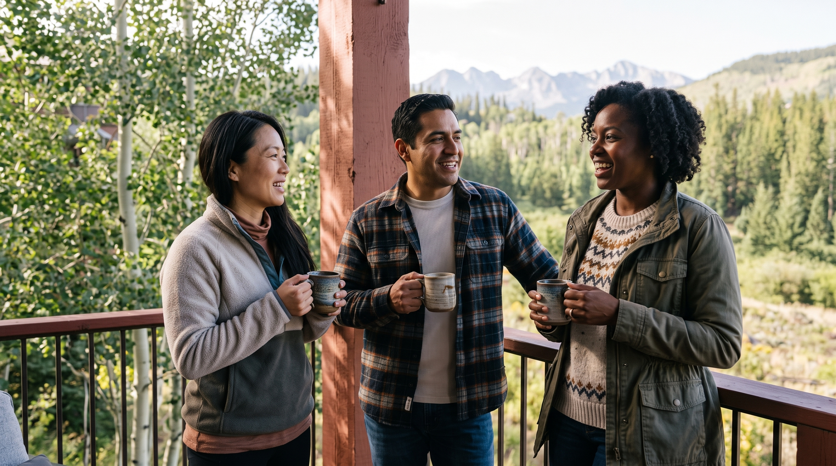 This image features a rustic-style balcony overlooking a scenic mountain landscape, providing an inviting outdoor living space. Three people are socializing while holding mugs, emphasizing the property's potential for relaxed, social gatherings. The wooden railing and expansive nature views highlight a tranquil, nature-focused aesthetic ideal for a mountain retreat.