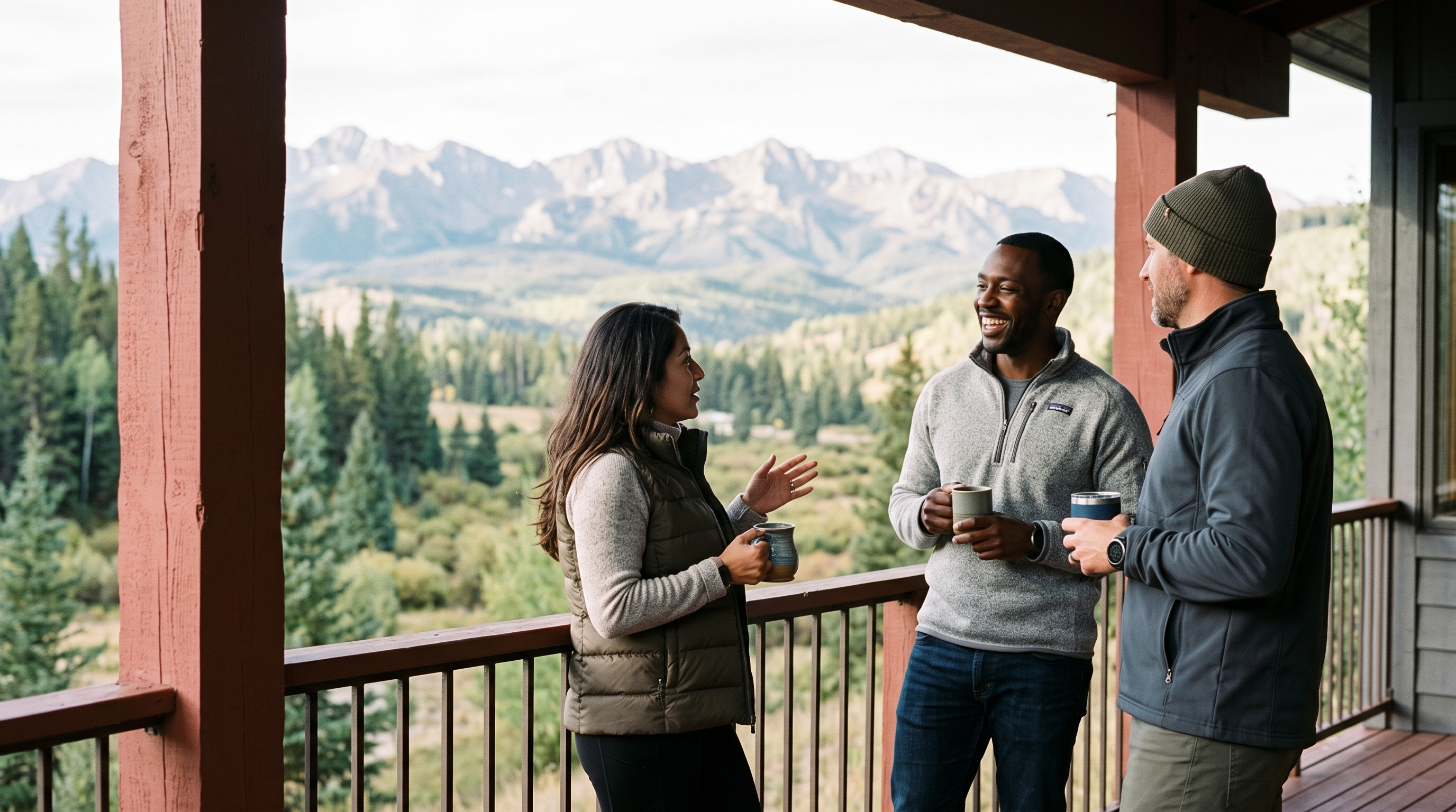 This image features a rustic-style covered deck with a wooden railing, providing an elevated vantage point overlooking a lush forest and majestic mountain range in the distance. Three people are depicted enjoying the outdoor space with warm beverages, highlighting the inviting and tranquil atmosphere of the home's outdoor living area. The deck's construction and scenic backdrop suggest a high-end mountain retreat or lodge, perfect for relaxation and enjoying nature.